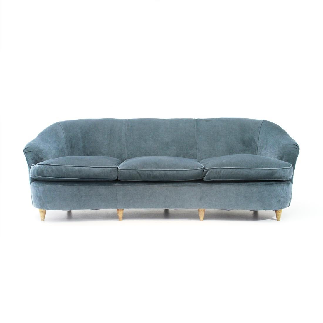 Italian sofa produced in the 1940s.
Wooden structure padded and lined with velvet fabric.
Sitting with upholstered cushions.
Feet in wooden conical shape.
Good general condition of the structure, same stains and small holes on the fabric visible