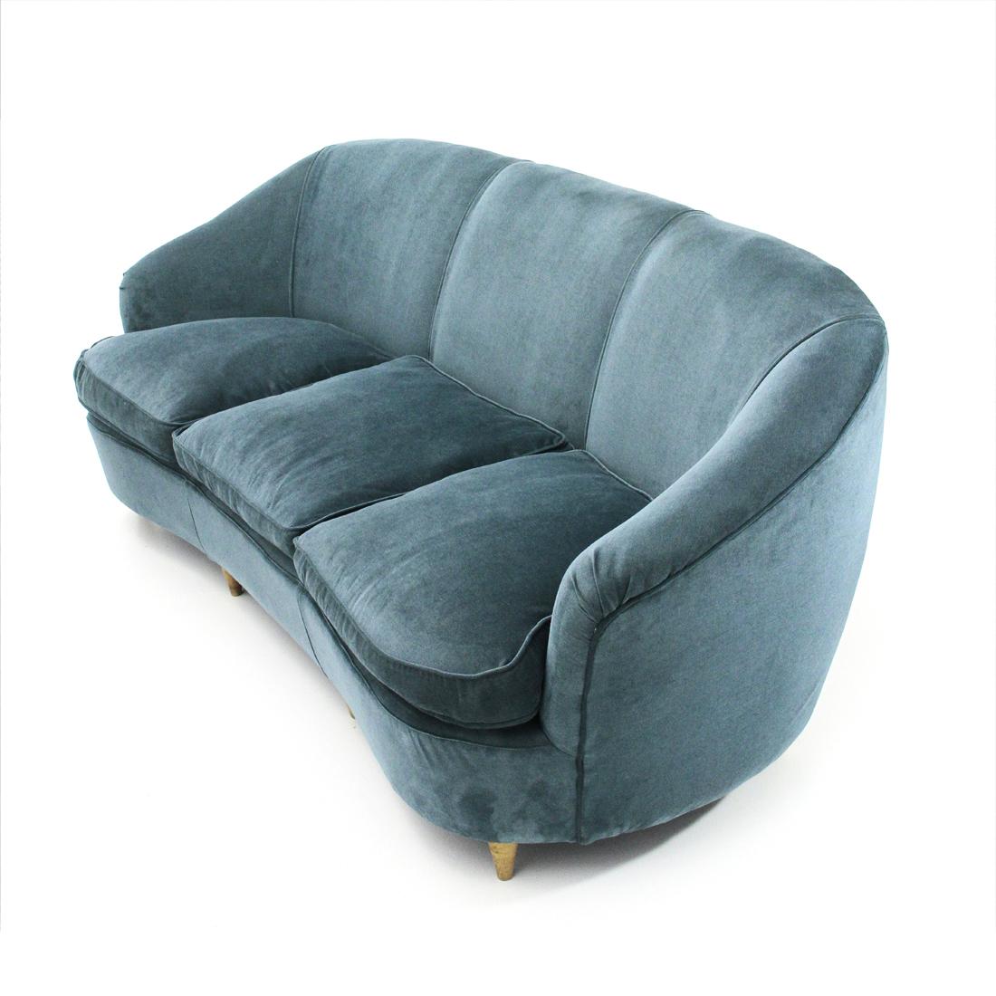 Italian Three-Seaters Midcentury Blu Velvet Sofa, 1940s 2