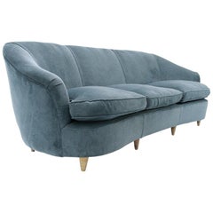 Italian Three-Seaters Midcentury Blu Velvet Sofa, 1940s