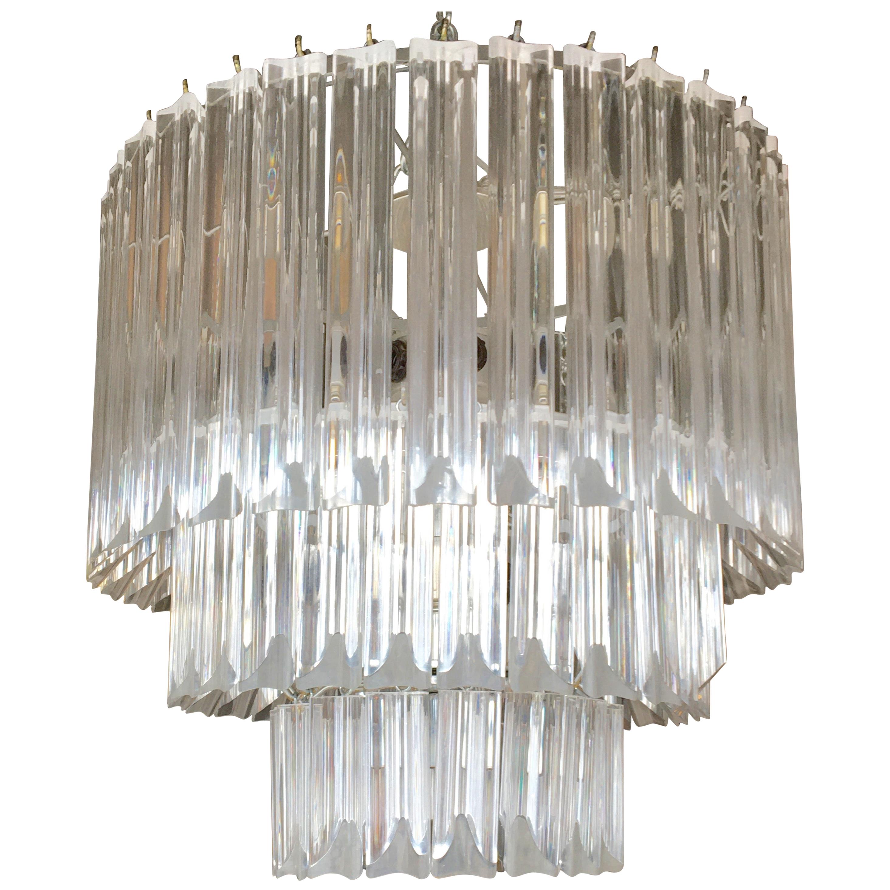 Italian Three-Tiered Venini Lucite Triedri Chandelier For Sale