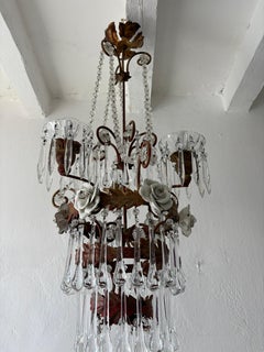 Italian Tiered Tole White Roses Murano Drops Chandelier, circa 1930