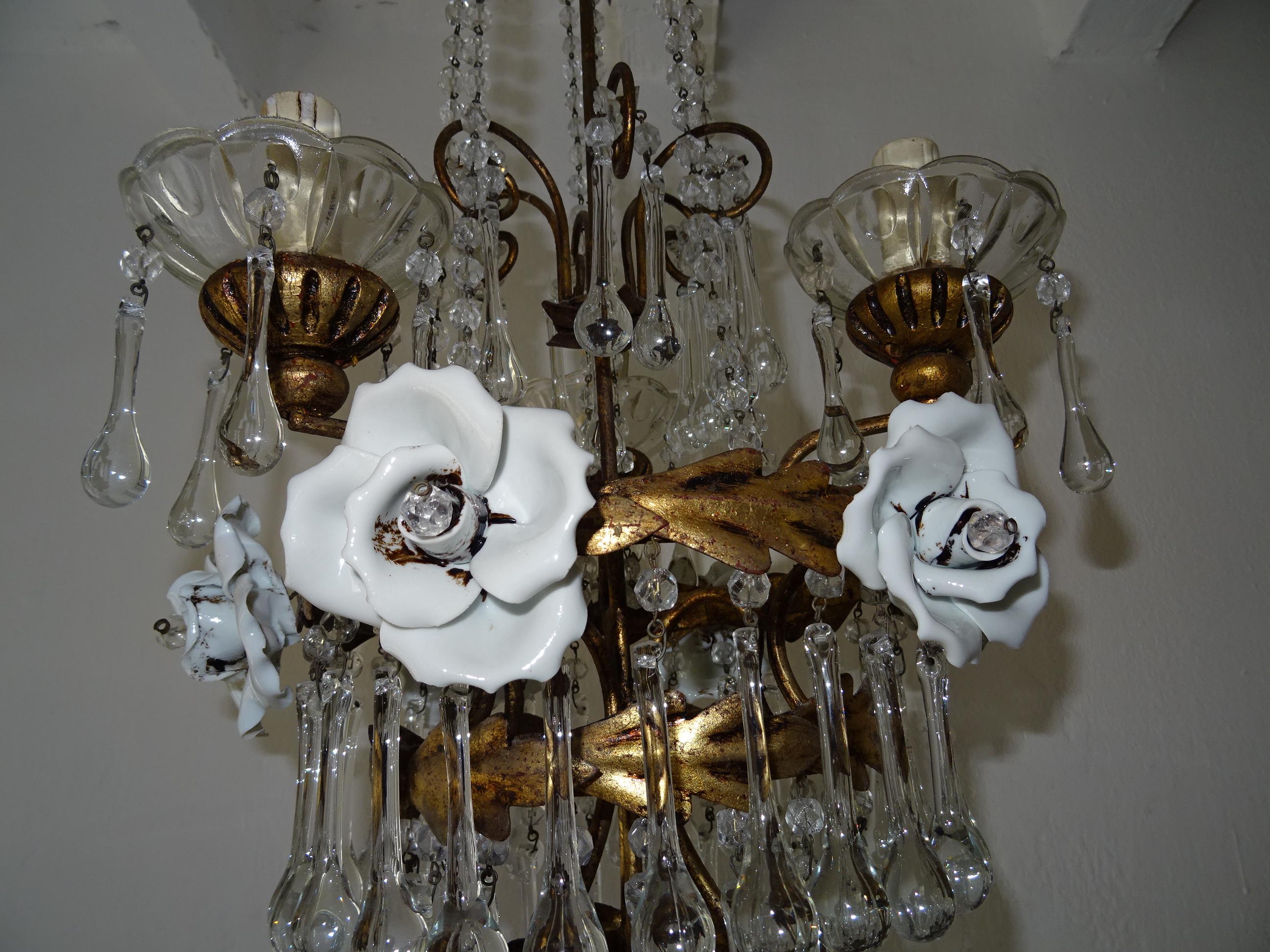 Italian Tiered Tole White Roses Murano Drops Chandelier, circa 1930 For Sale 2