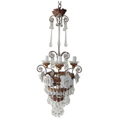 Vintage Italian Tiered Tole White Roses Murano Drops Chandelier