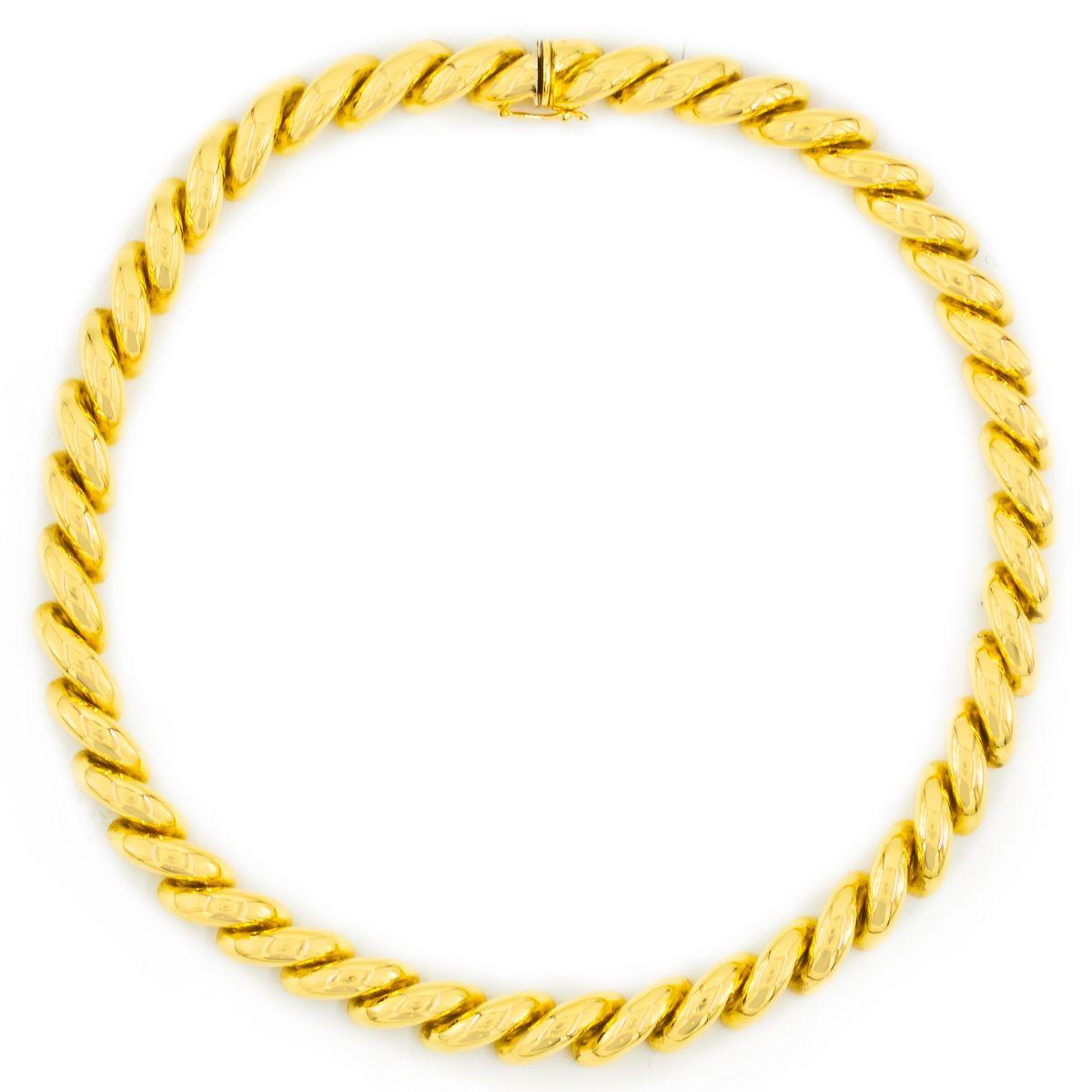 A FINE TIFFANY & CO 14K GOLD SAN-MARCO NECKLACE
Circa late 20th century  75.9 grams total weight  in a brilliant bright-polish surface
Item # 112LGS10S

An incredibly fine necklace by Tiffany & Co executed entirely in 14 karat yellow gold, it