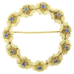 Italian Tiffany & Co. 18k Gold 0.60ct Sapphire Textured Flower Wreath Pin Brooch