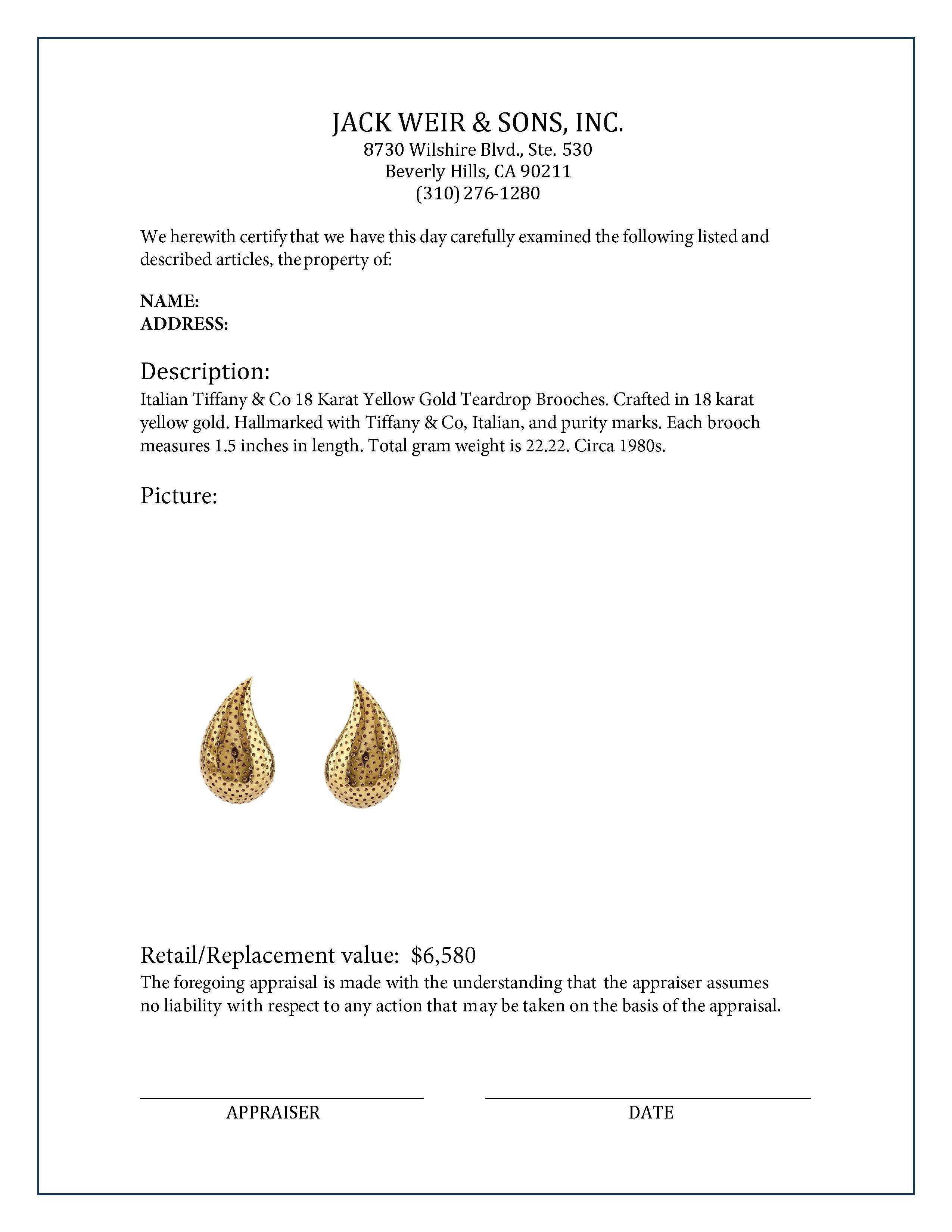 Italian Tiffany & Co 18K Yellow Gold Teardrop Brooches For Sale 1