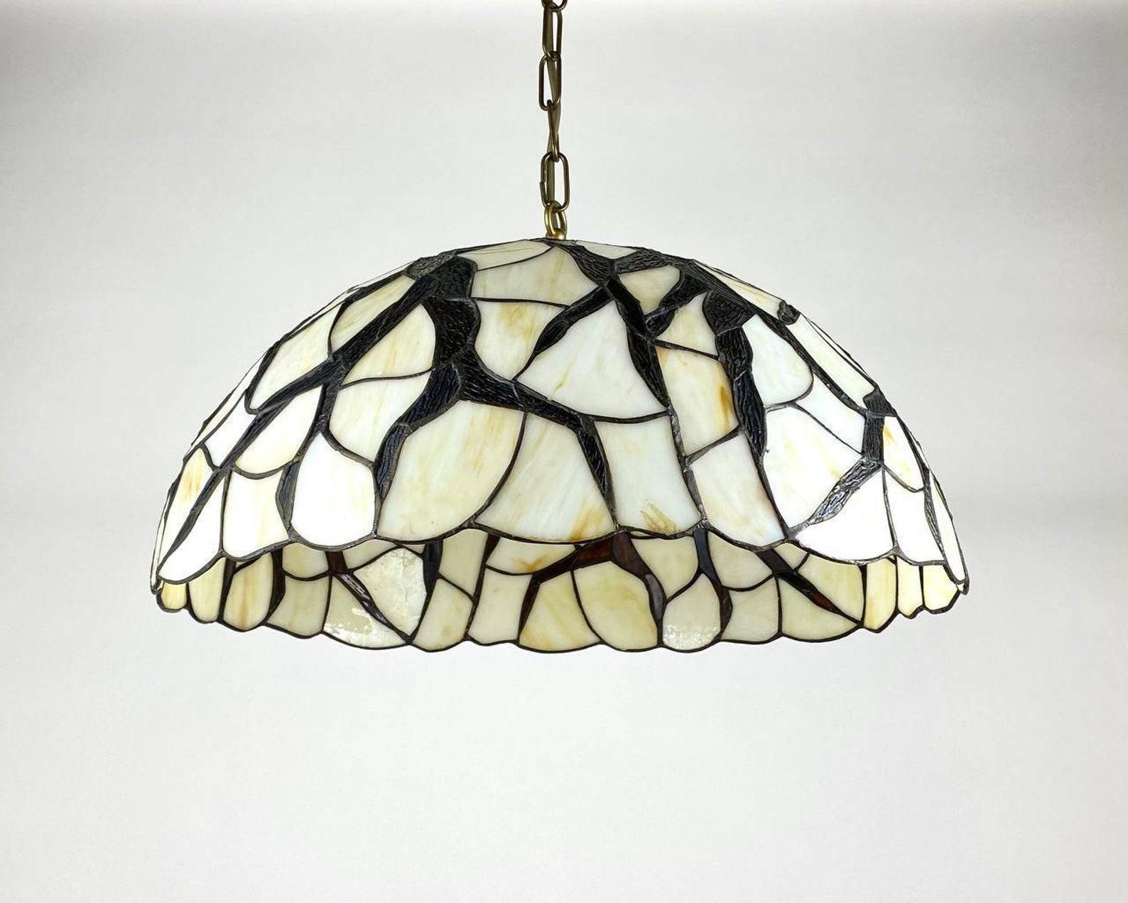 Large Vintage Tiffany chandelier. Italy, 1980s. 

 Stained glass Tiffany chandelier geometric art deco.

 Beige and brown glass according to the traditional technique of the first manufacturer Louis Comfort Tiffany. 

 Chandelier is