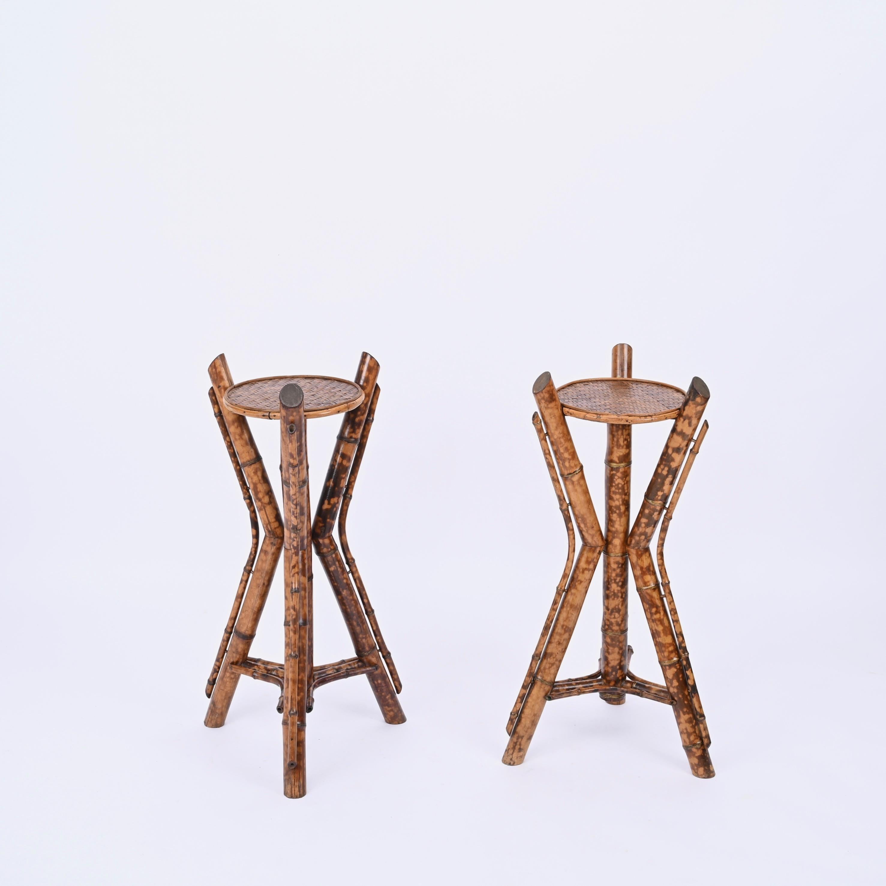 Italian Tiger Bamboo Tripod Pedestals or Plant Stands, Italy 1950s For Sale 2