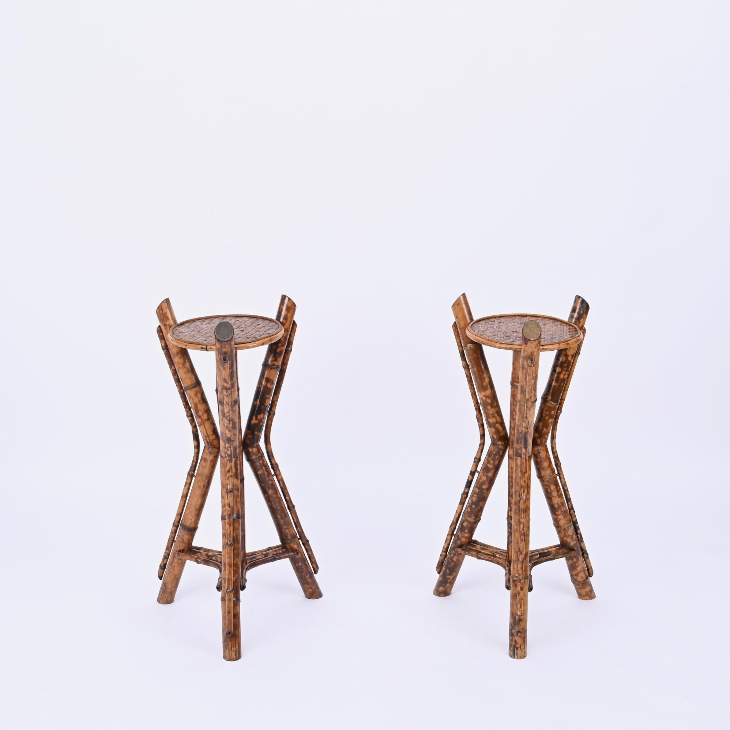 Mid-Century Modern Italian Tiger Bamboo Tripod Pedestals or Plant Stands, Italy 1950s For Sale
