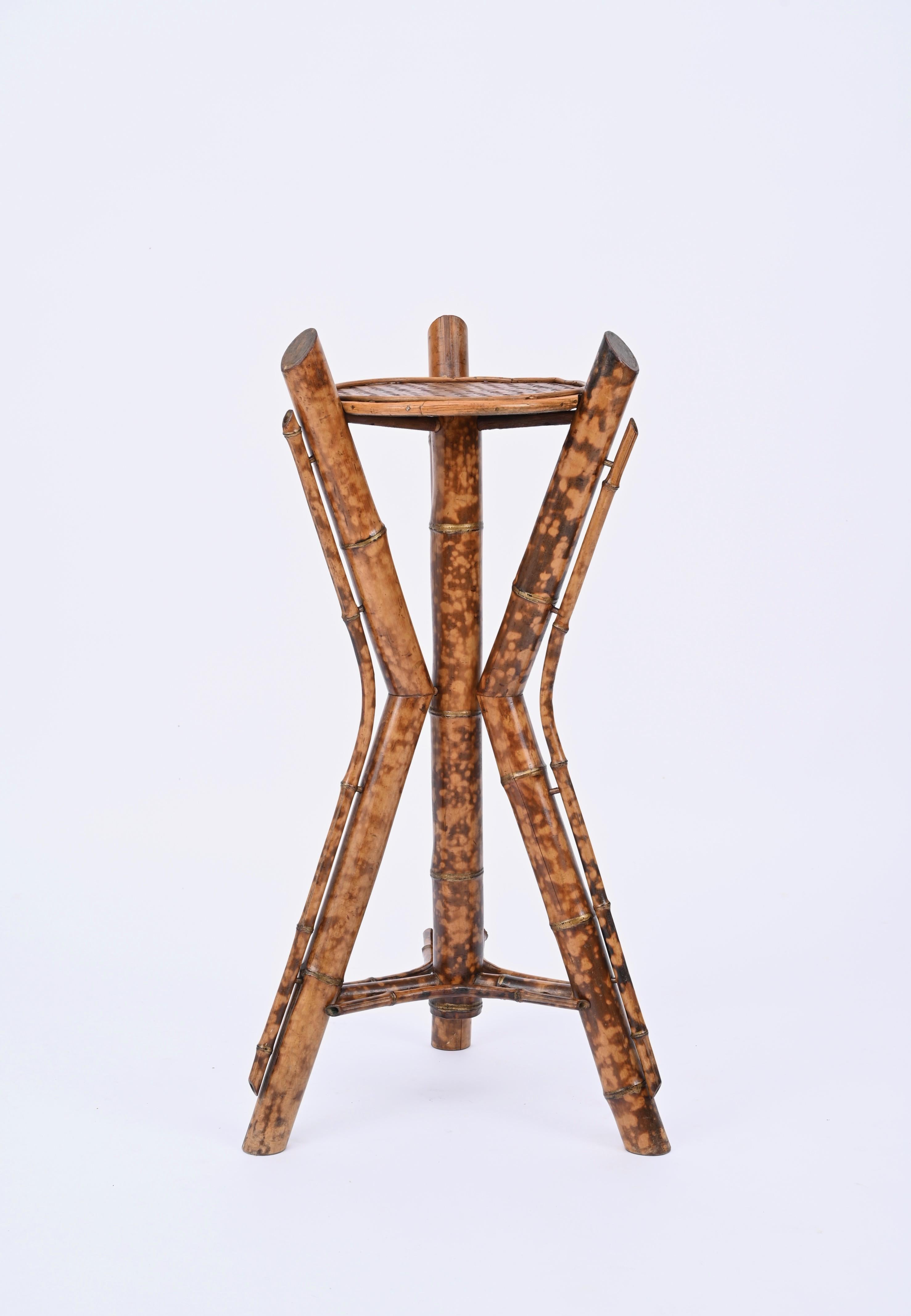 Mid-20th Century Italian Tiger Bamboo Tripod Pedestals or Plant Stands, Italy 1950s For Sale