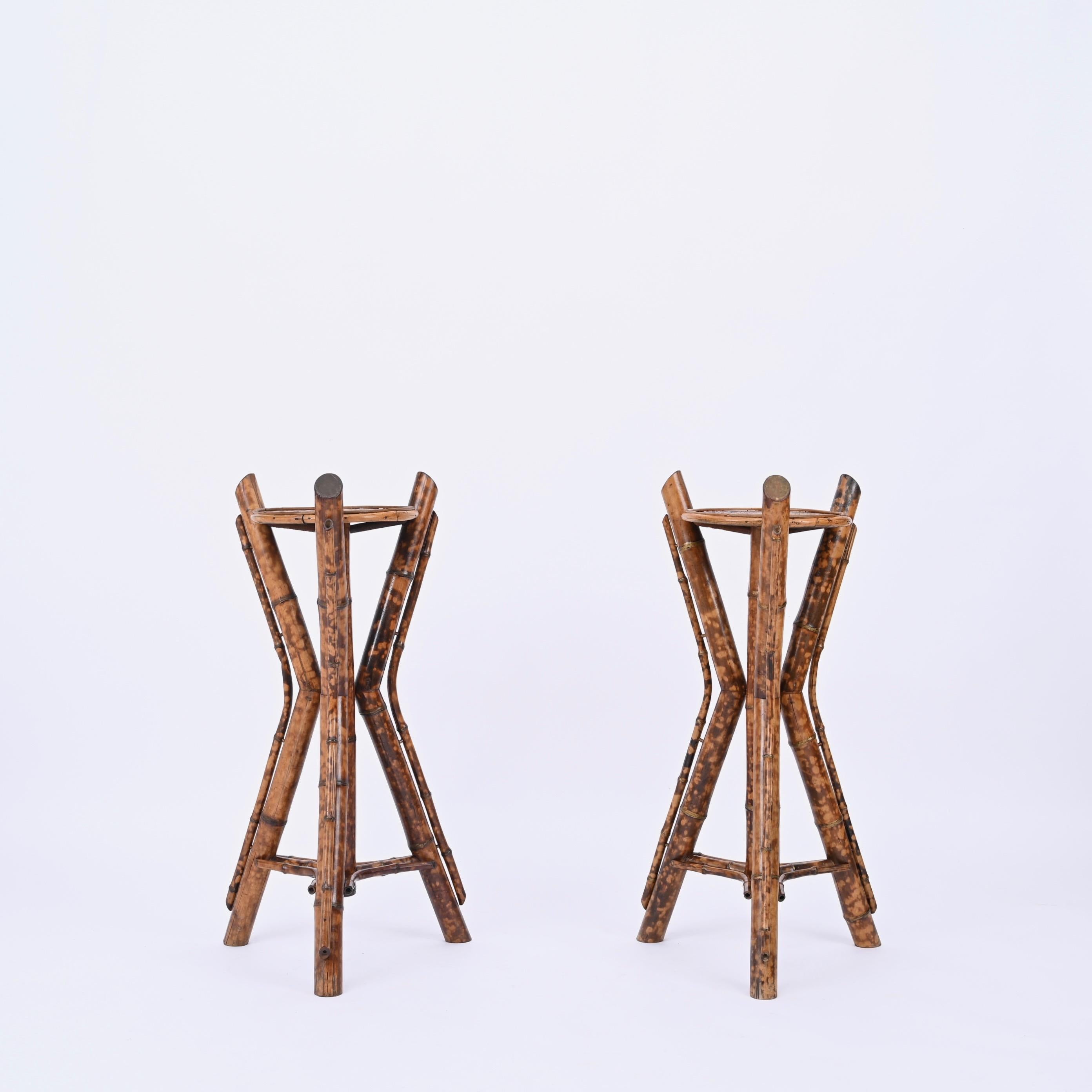 Rattan Italian Tiger Bamboo Tripod Pedestals or Plant Stands, Italy 1950s For Sale
