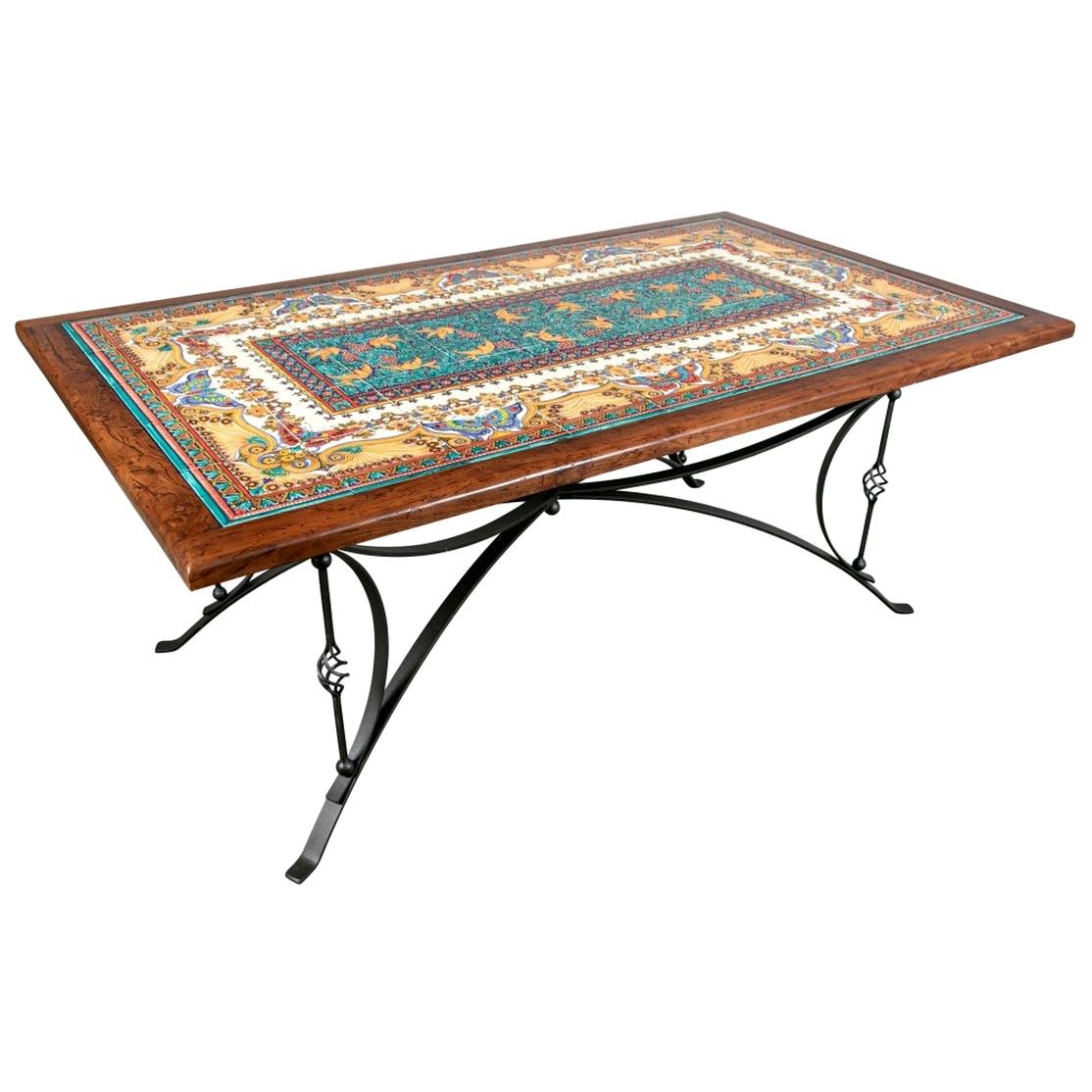 Italian Tile Top Dining Table with Wrought Iron Base