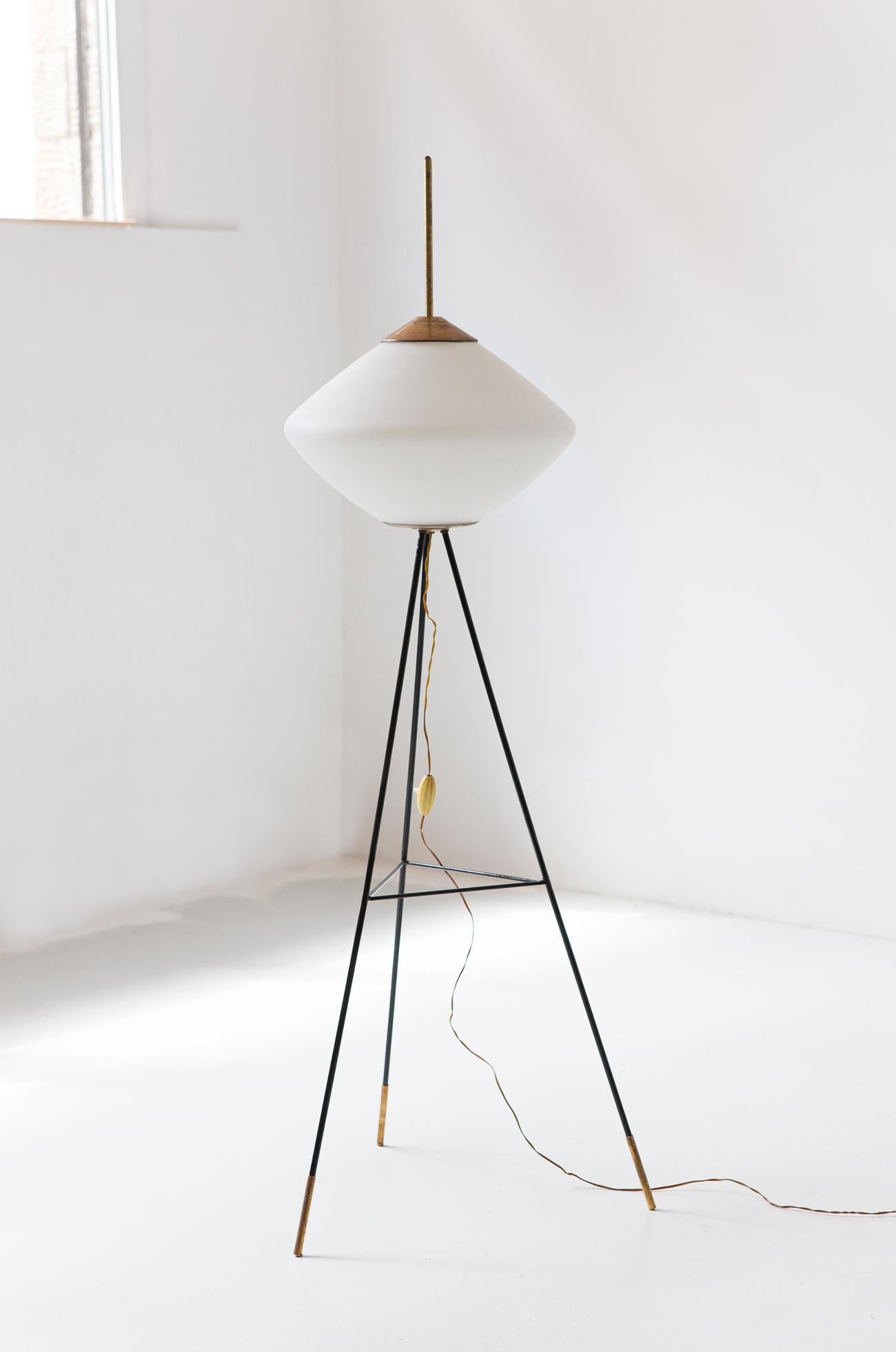 Italian Tripod Floor Lamp in Brass and Opaline Glass, 1950s 1