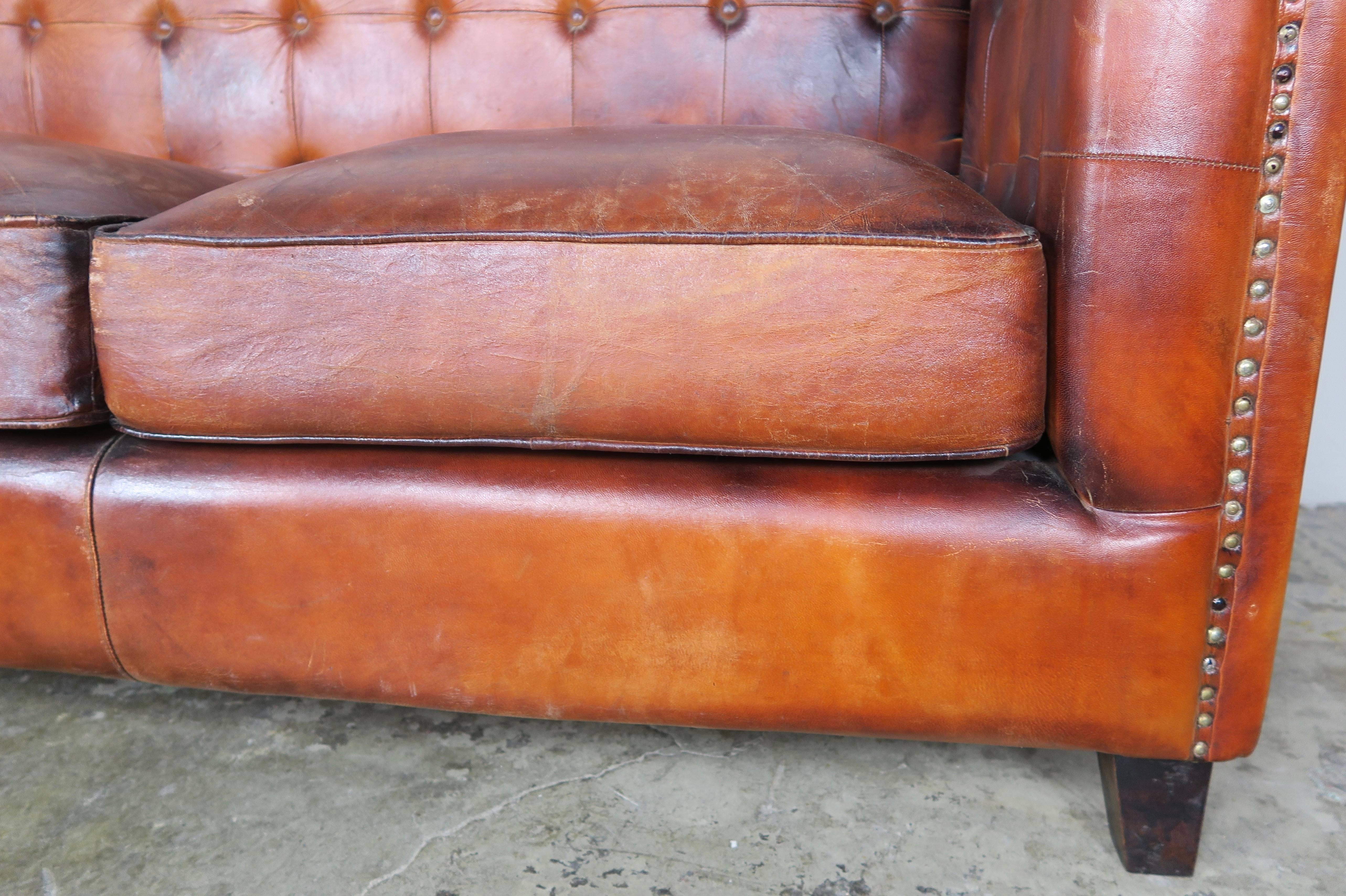 European Italian Tobacco Colored Leather Sofa