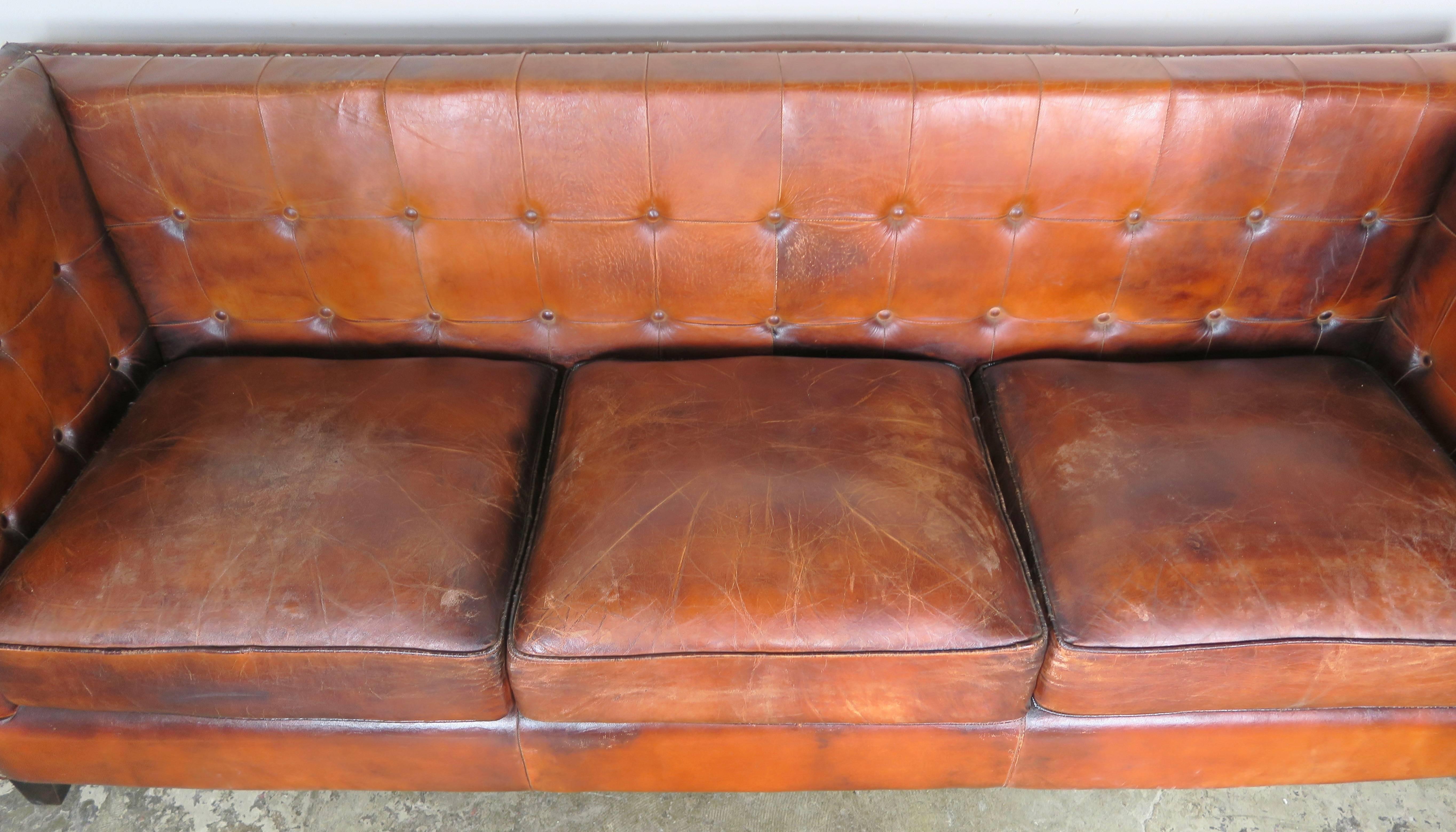 Italian Tobacco Colored Leather Sofa In Distressed Condition In Los Angeles, CA
