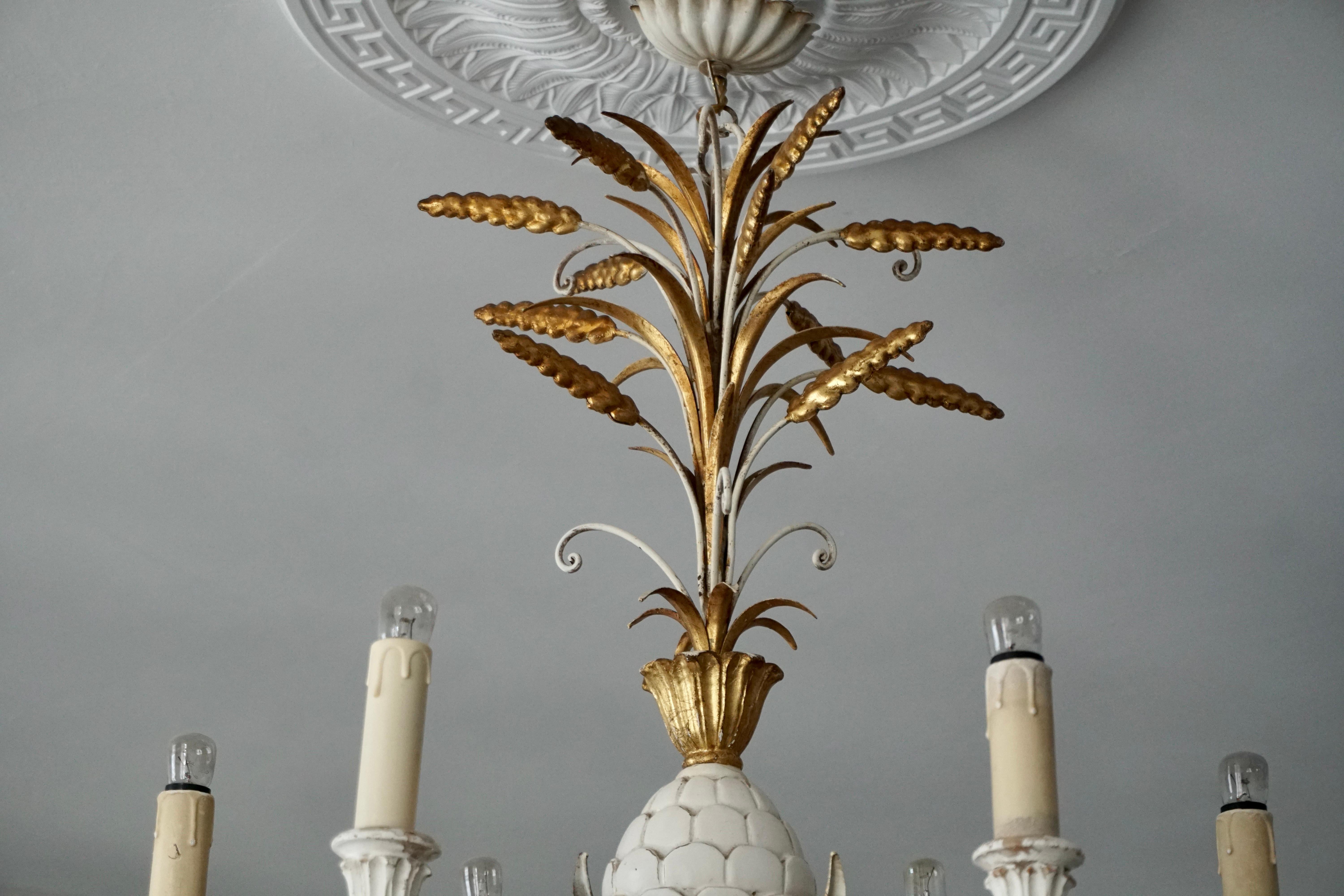 Hollywood Regency Italian Tole and Brass Pineapple and Palm Leaf Chandelier For Sale
