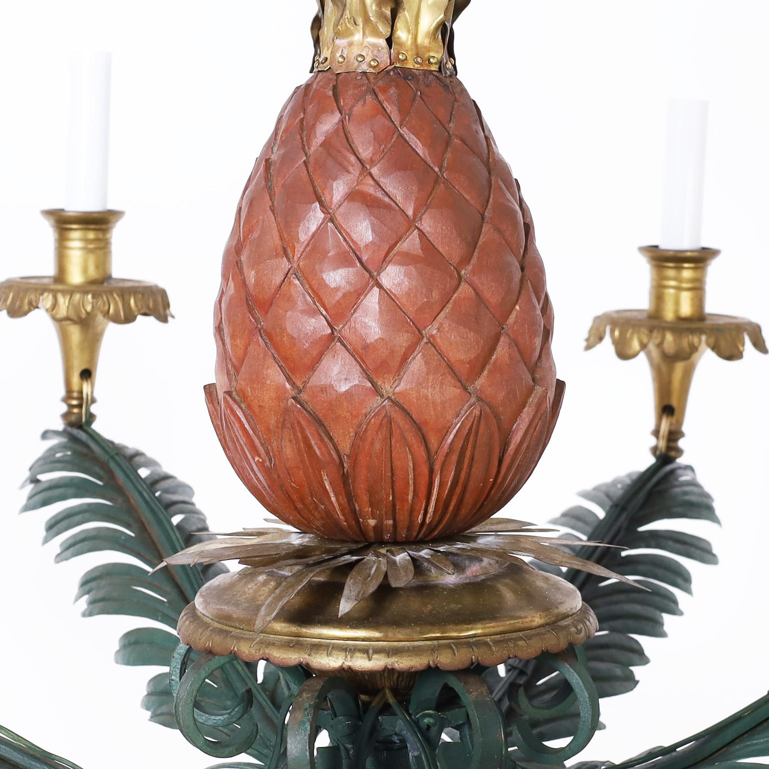 Regency Italian Tole and Brass Pineapple and Palm Leaf Chandelier For Sale