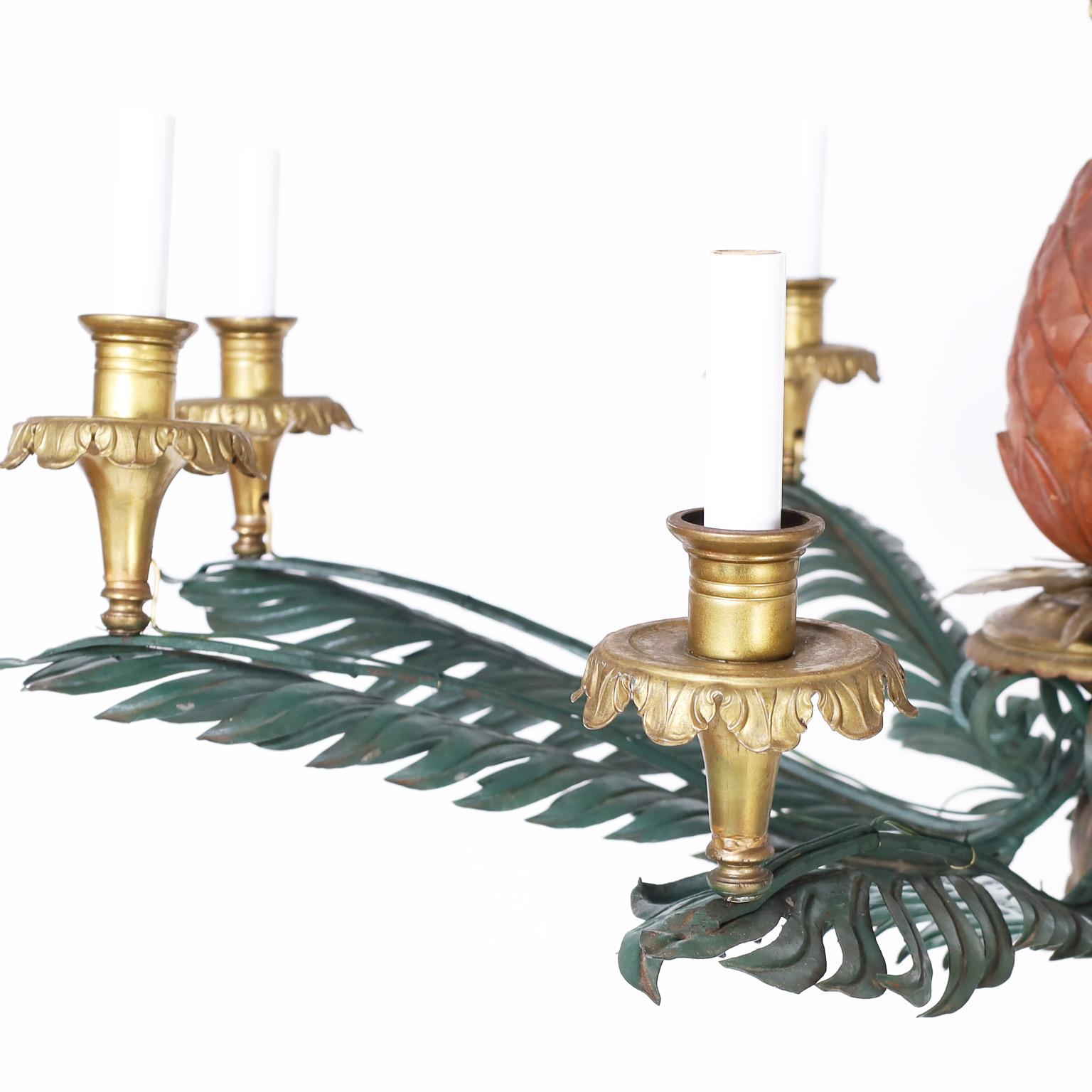 Hand-Painted Italian Tole and Brass Pineapple and Palm Leaf Chandelier For Sale