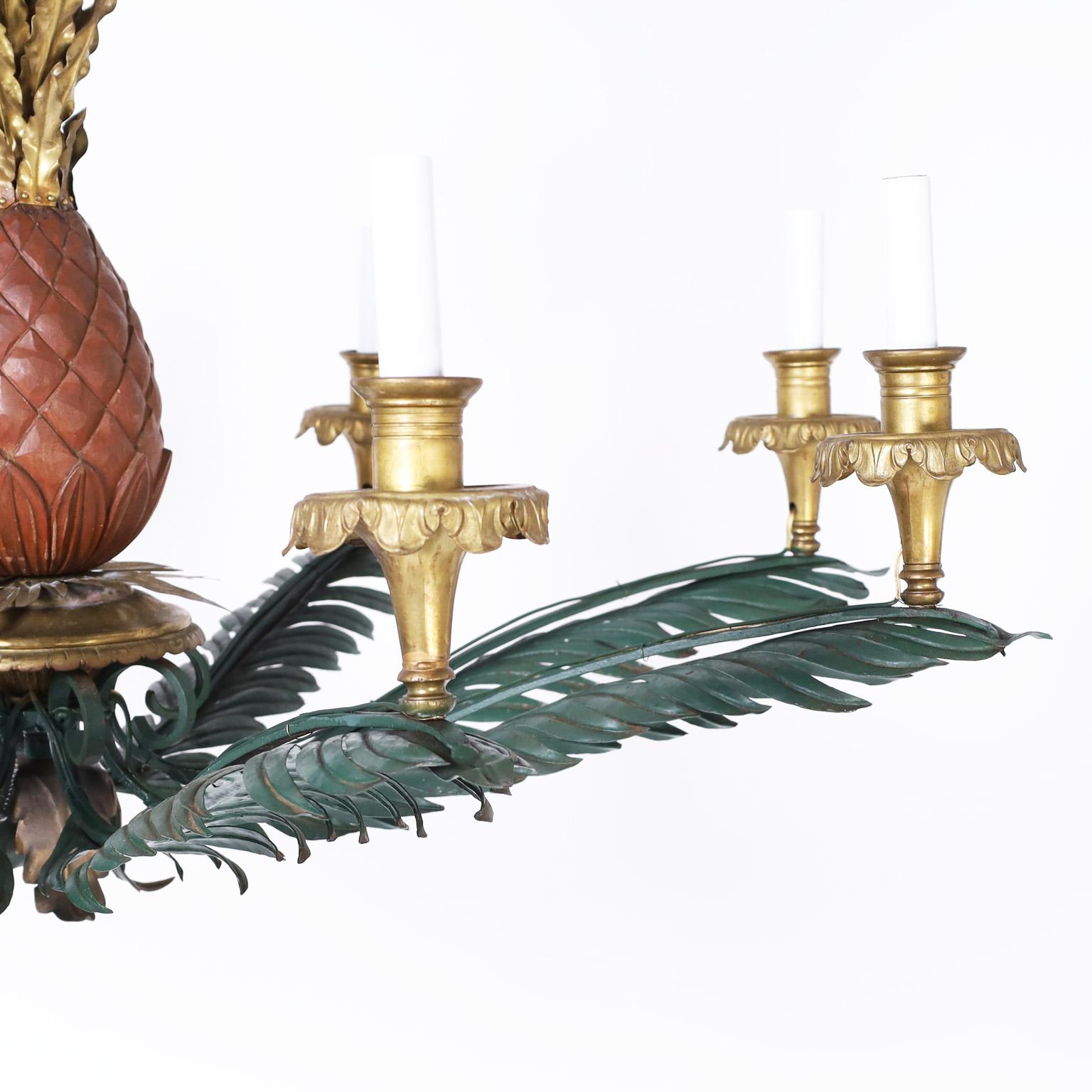 Italian Tole and Brass Pineapple and Palm Leaf Chandelier In Good Condition For Sale In Palm Beach, FL