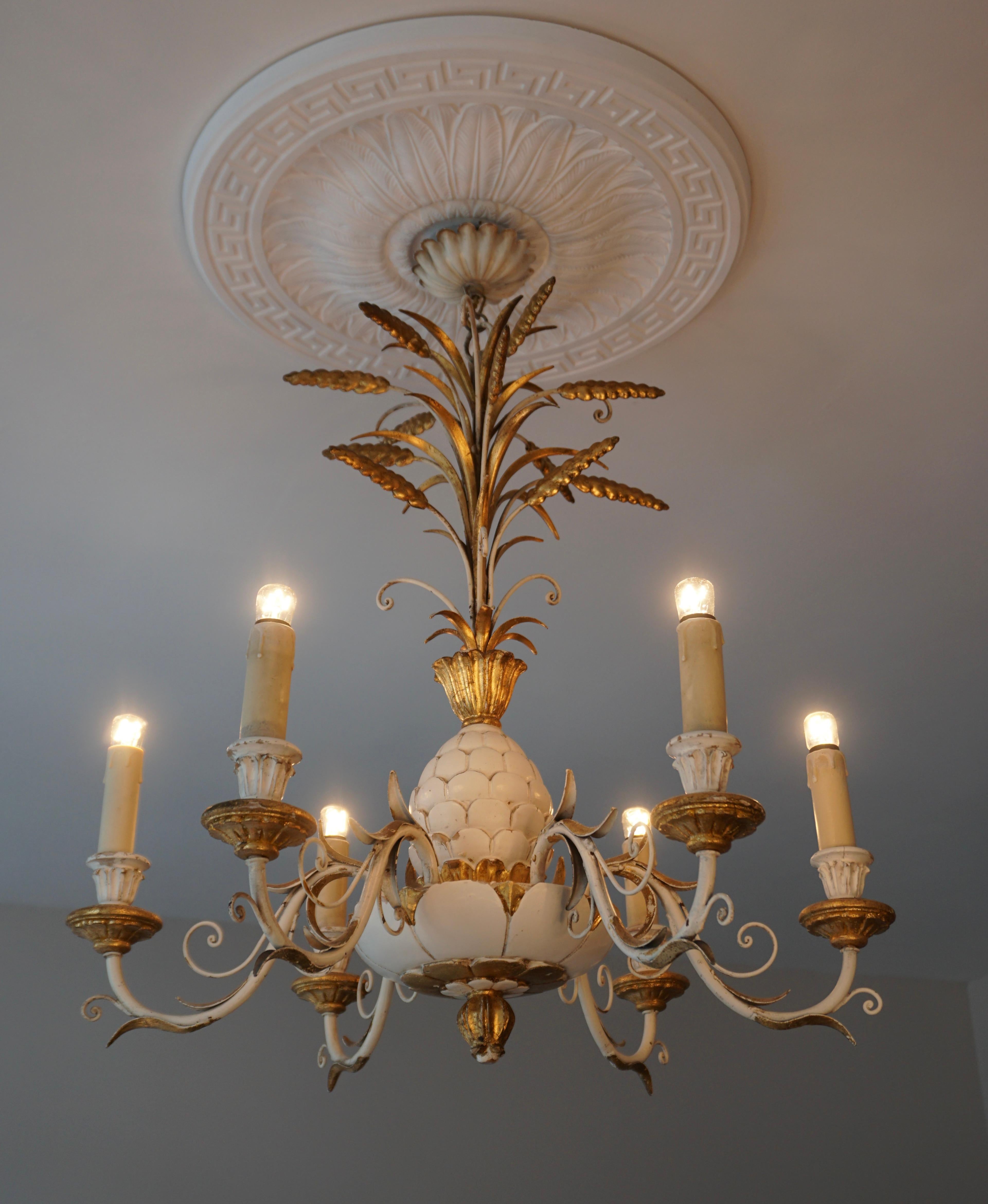 20th Century Italian Tole and Brass Pineapple and Palm Leaf Chandelier For Sale