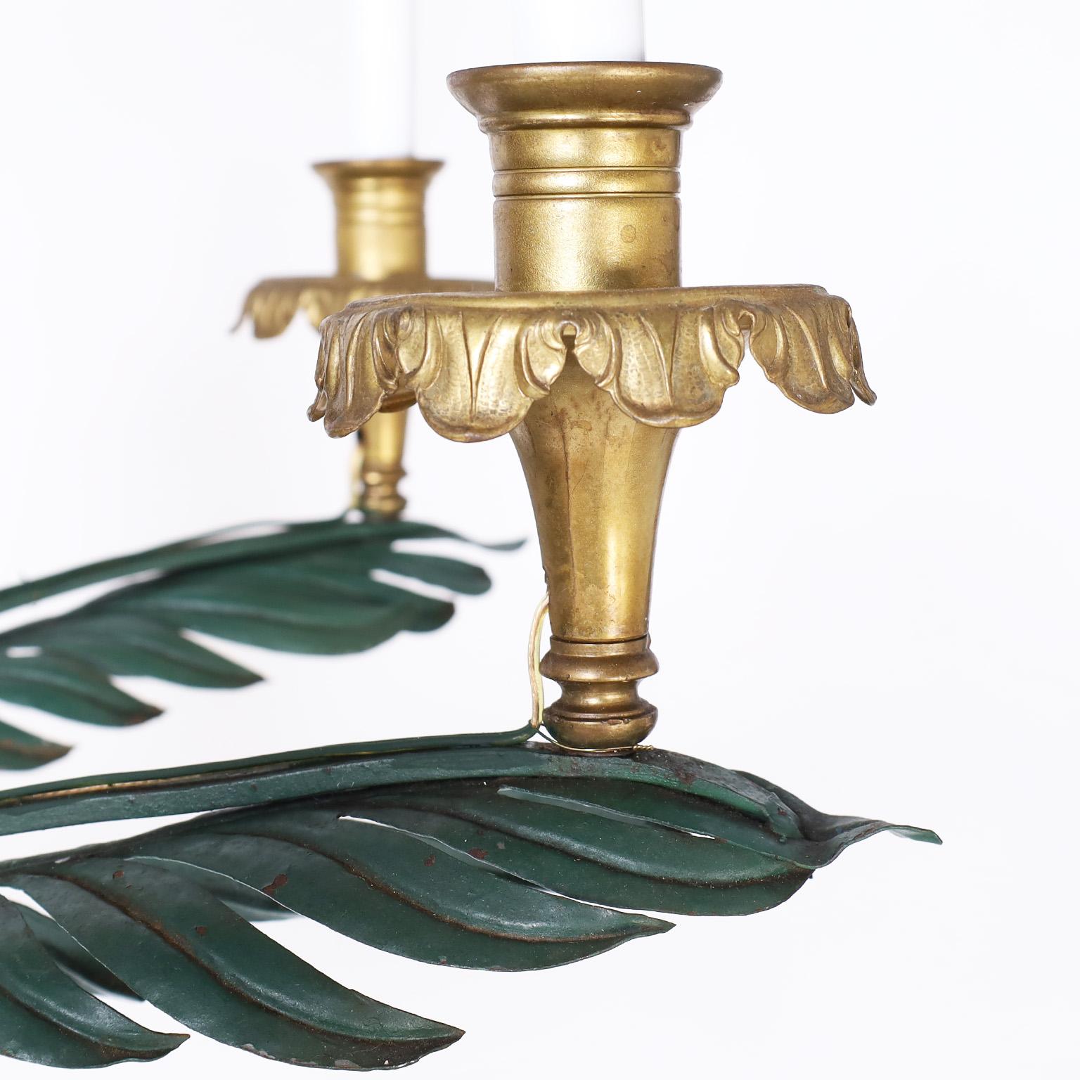 20th Century Italian Tole and Brass Pineapple and Palm Leaf Chandelier For Sale
