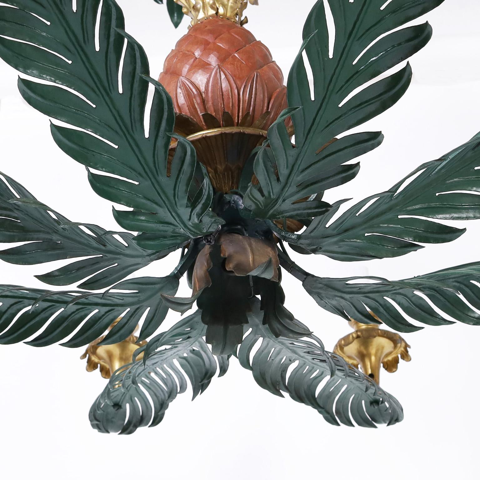 Italian Tole and Brass Pineapple and Palm Leaf Chandelier For Sale 1