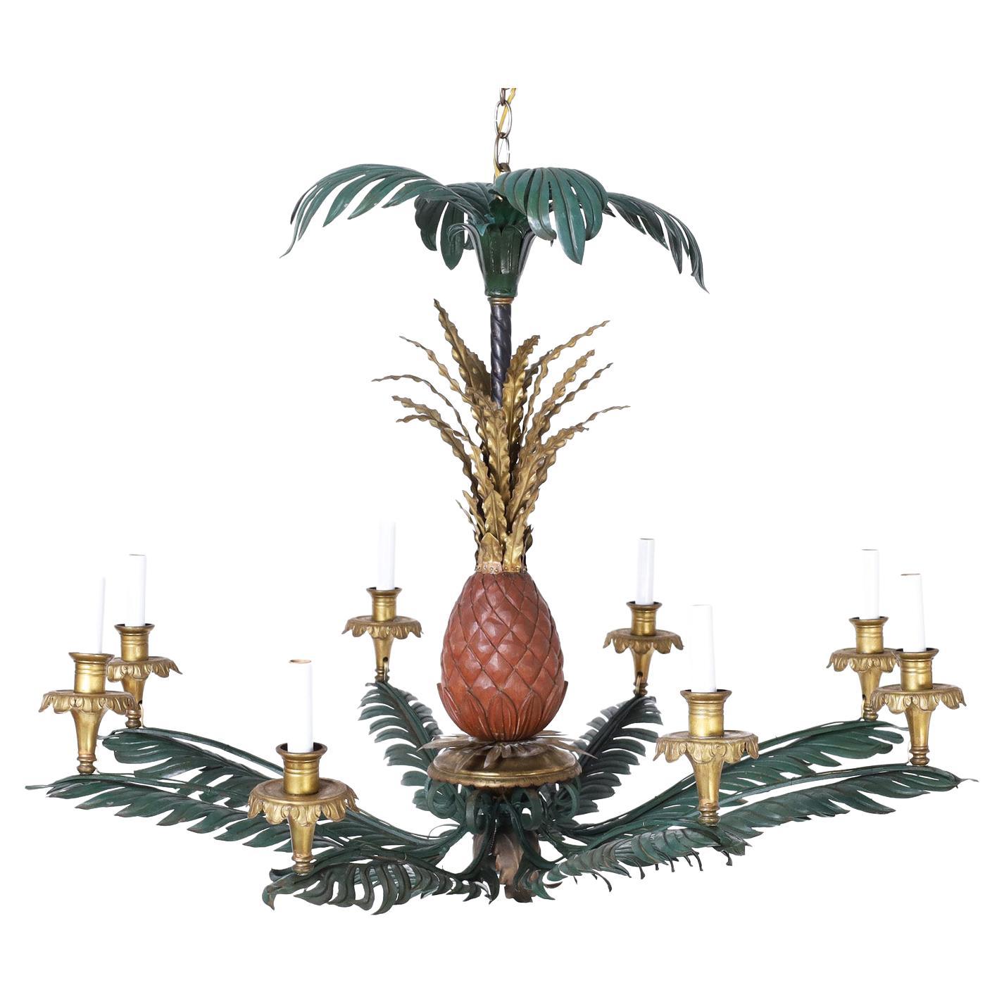 Italian Tole and Brass Pineapple and Palm Leaf Chandelier