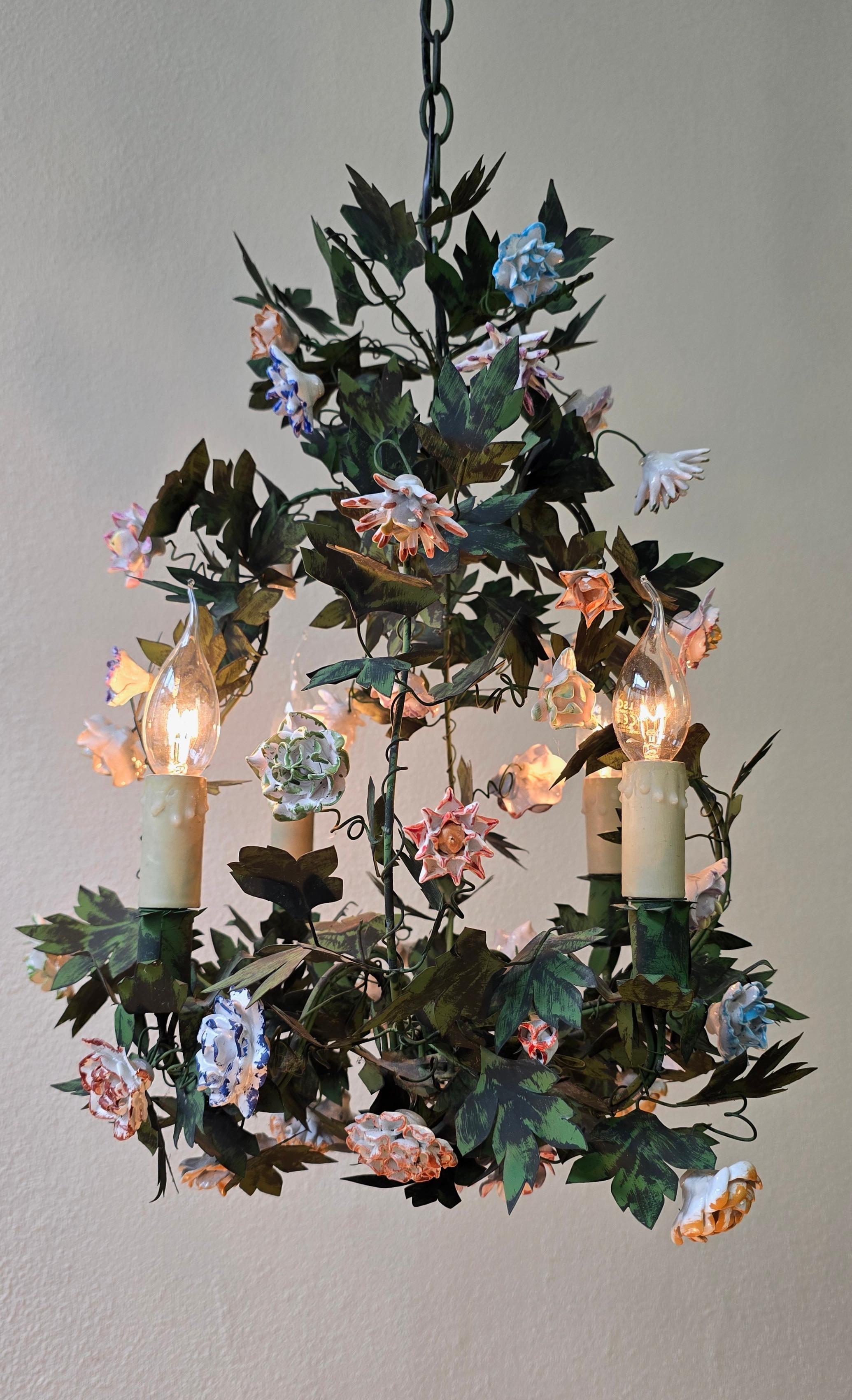 Metal Italian Tole and Porcelain Flower Chandelier, Capodimonte Style For Sale