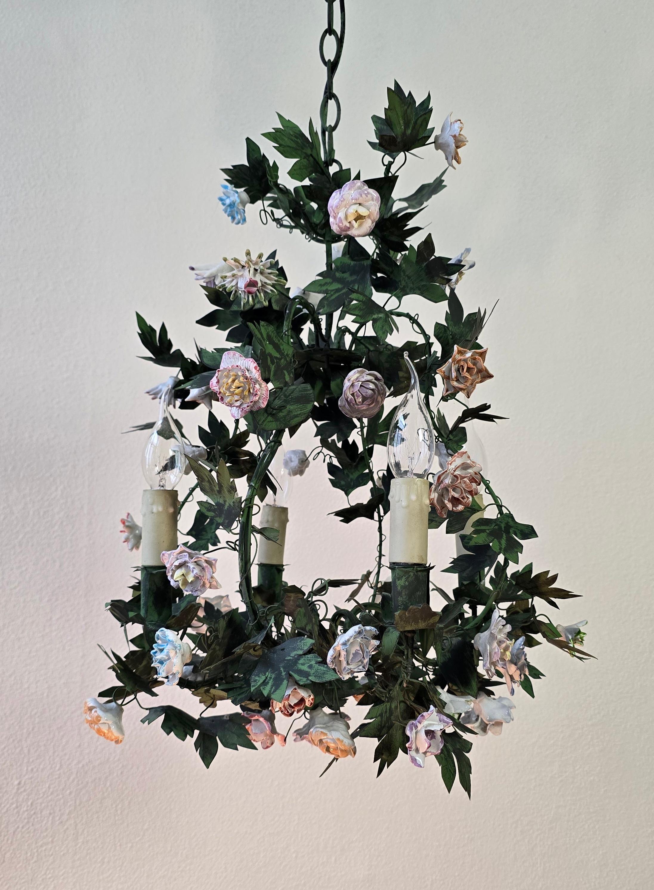 Italian Tole and Porcelain Flower Chandelier, Capodimonte Style For Sale 3