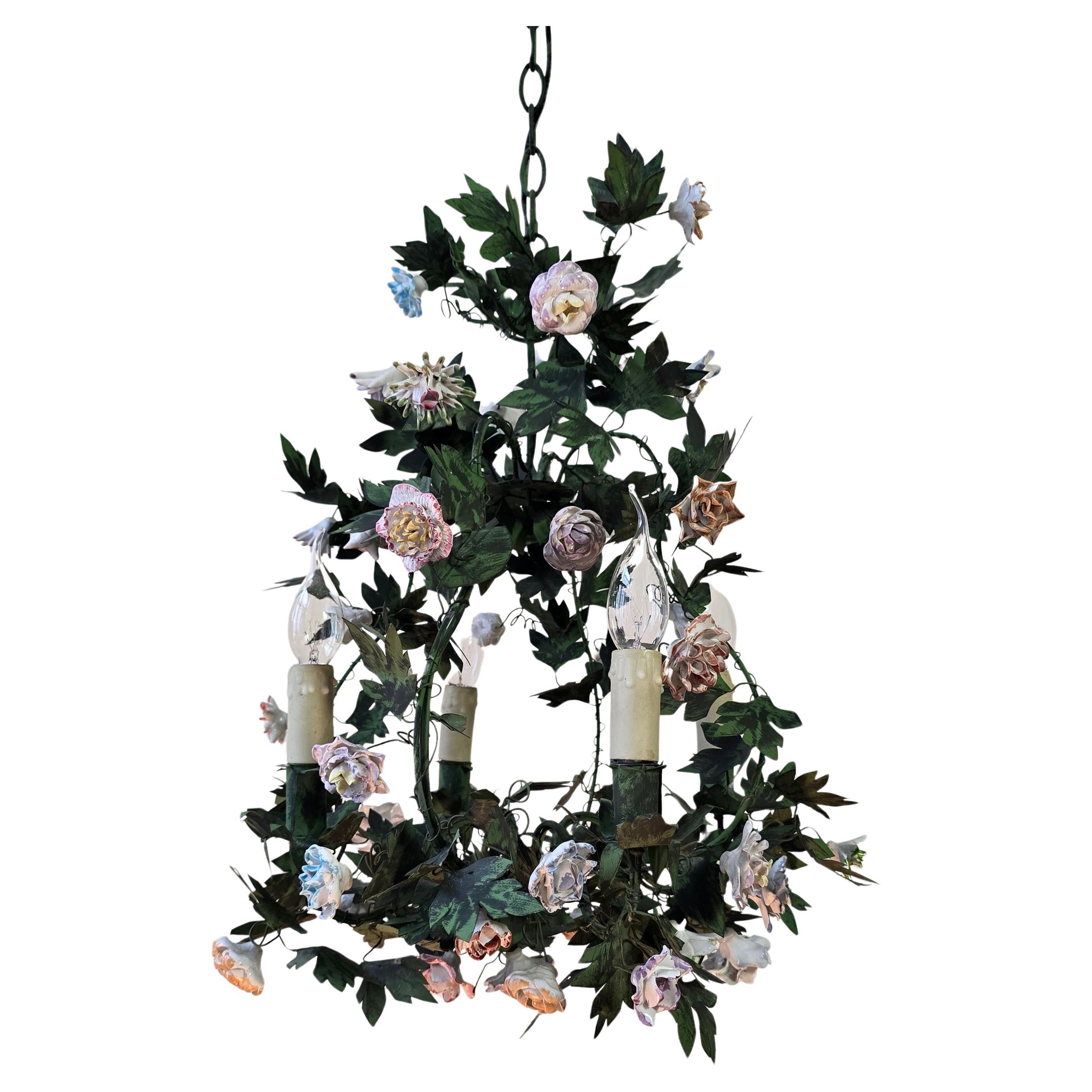 Italian Tole and Porcelain Flower Chandelier, Capodimonte Style For Sale
