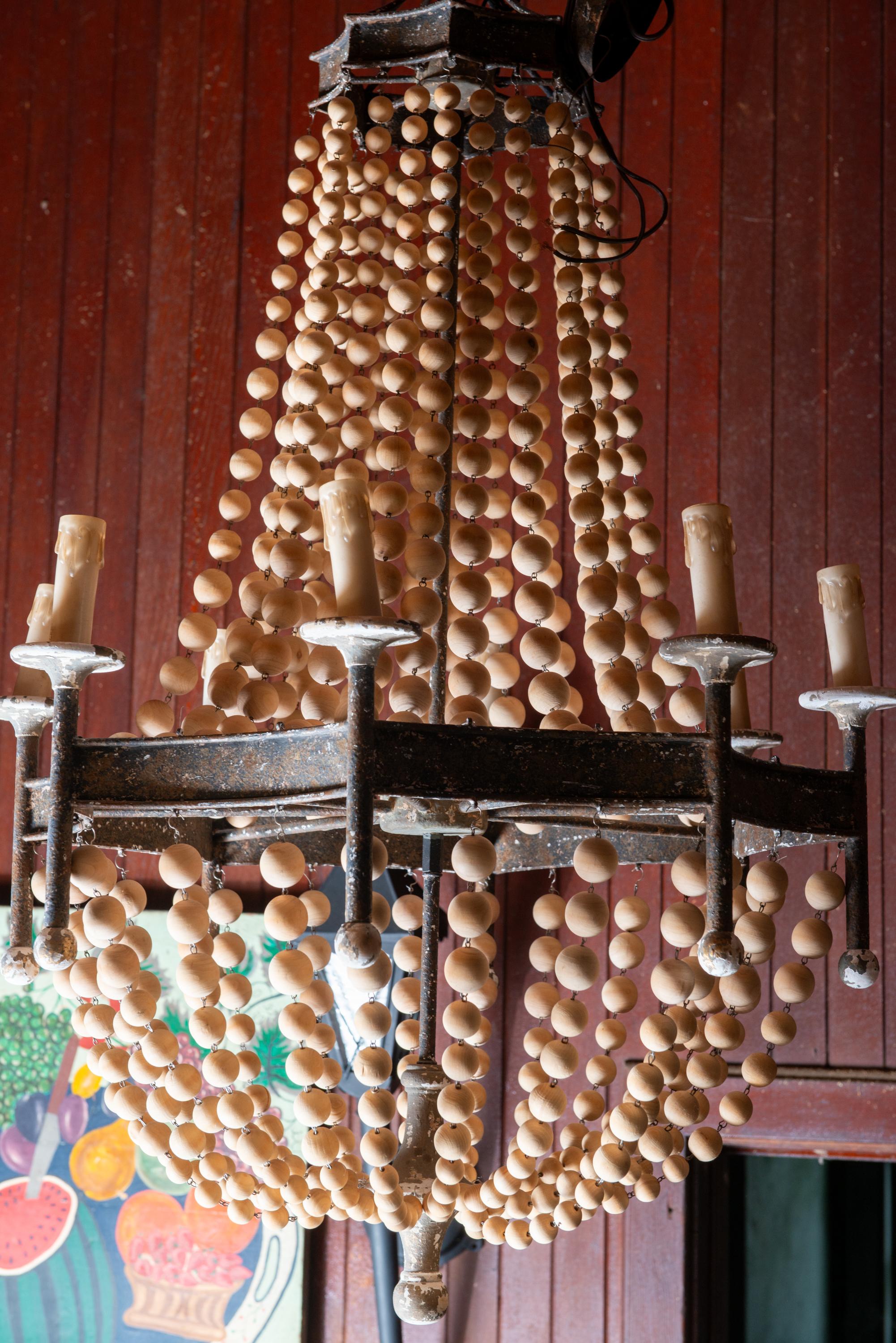 Empire Italian Tole and Wood Bead Chandelier For Sale