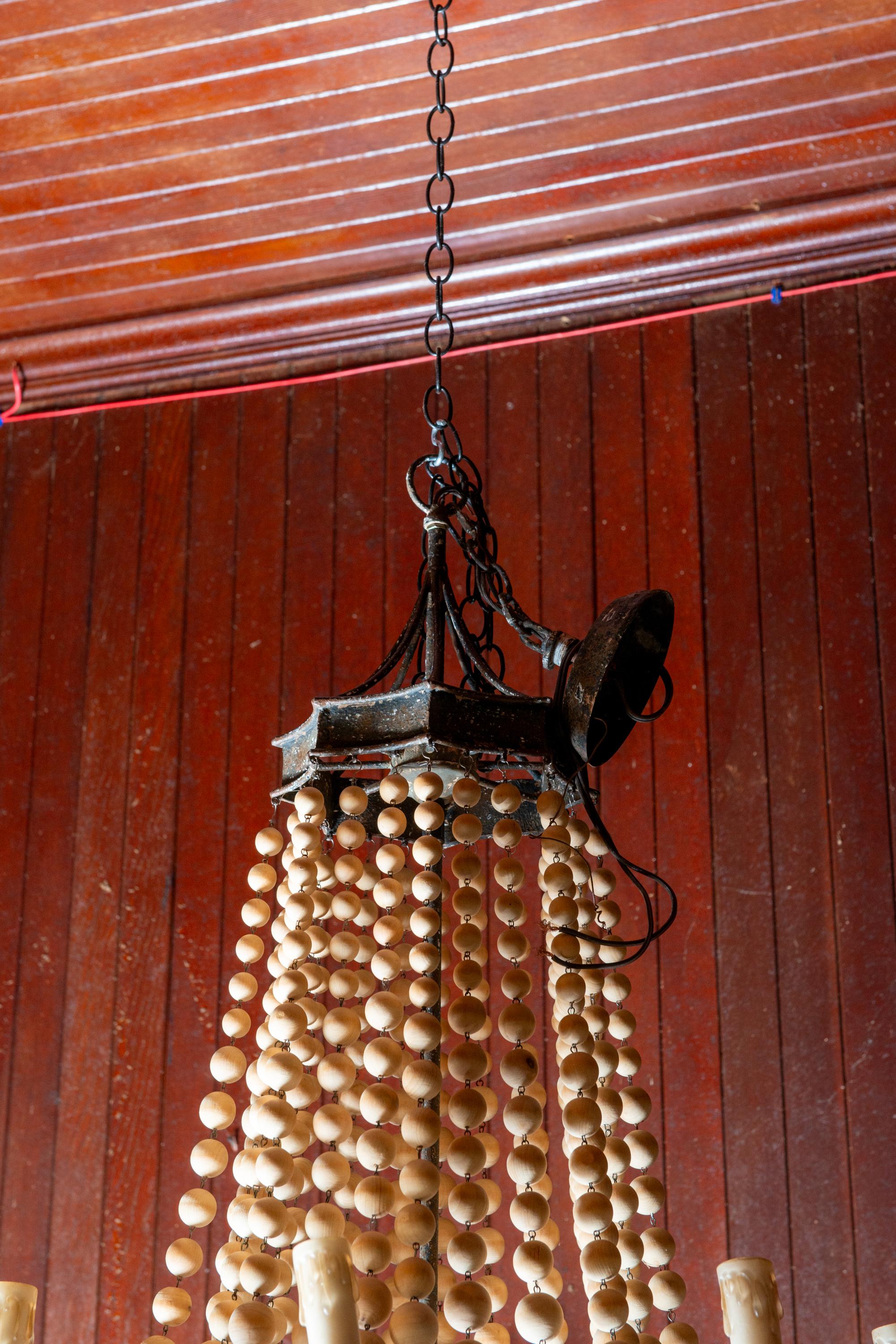 Italian Tole and Wood Bead Chandelier In Good Condition For Sale In Stamford, CT