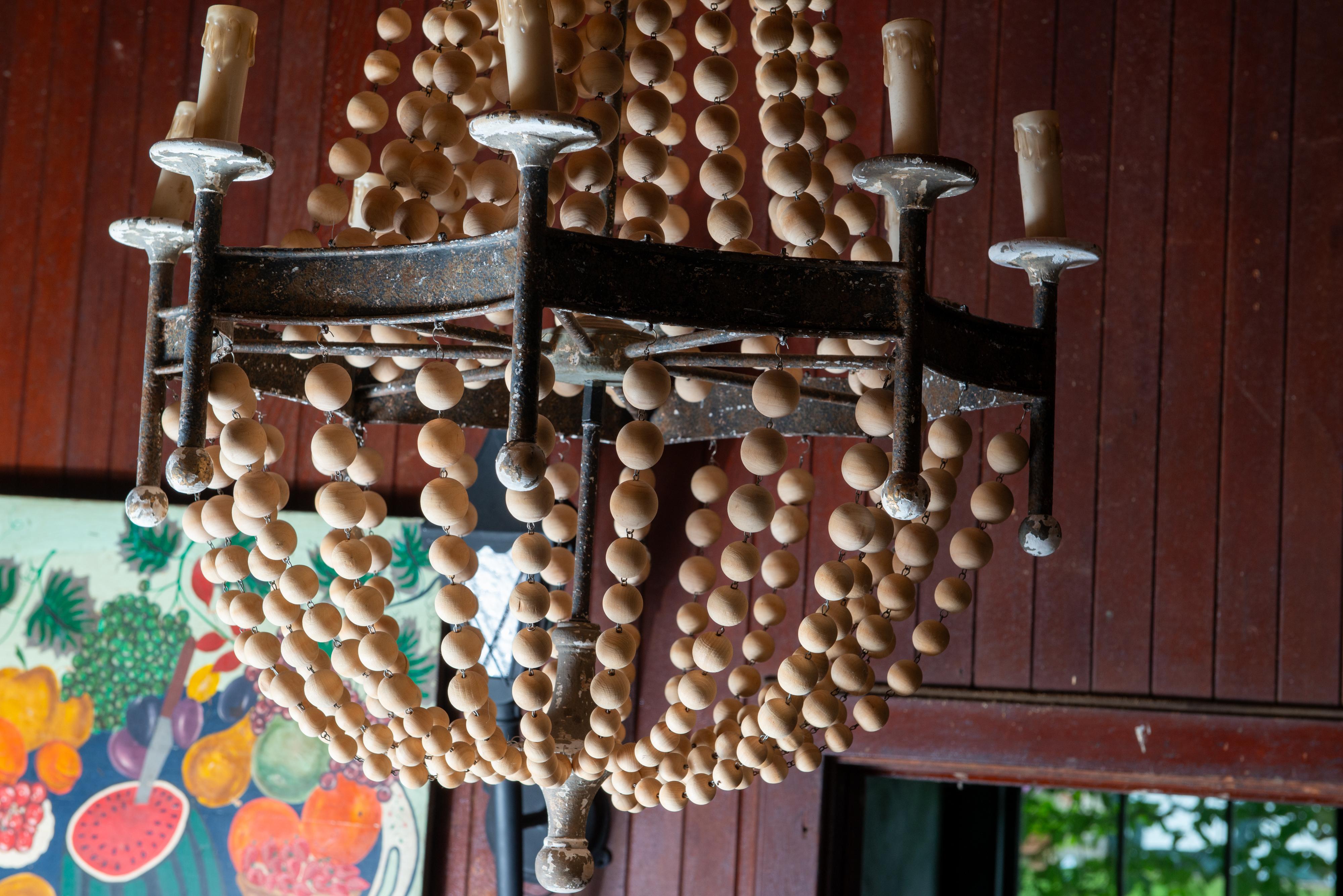 Metal Italian Tole and Wood Bead Chandelier For Sale