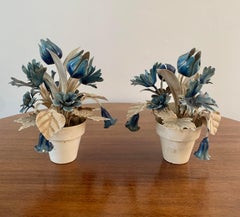 Italian Tole Blue & White Flower Pots, Pair