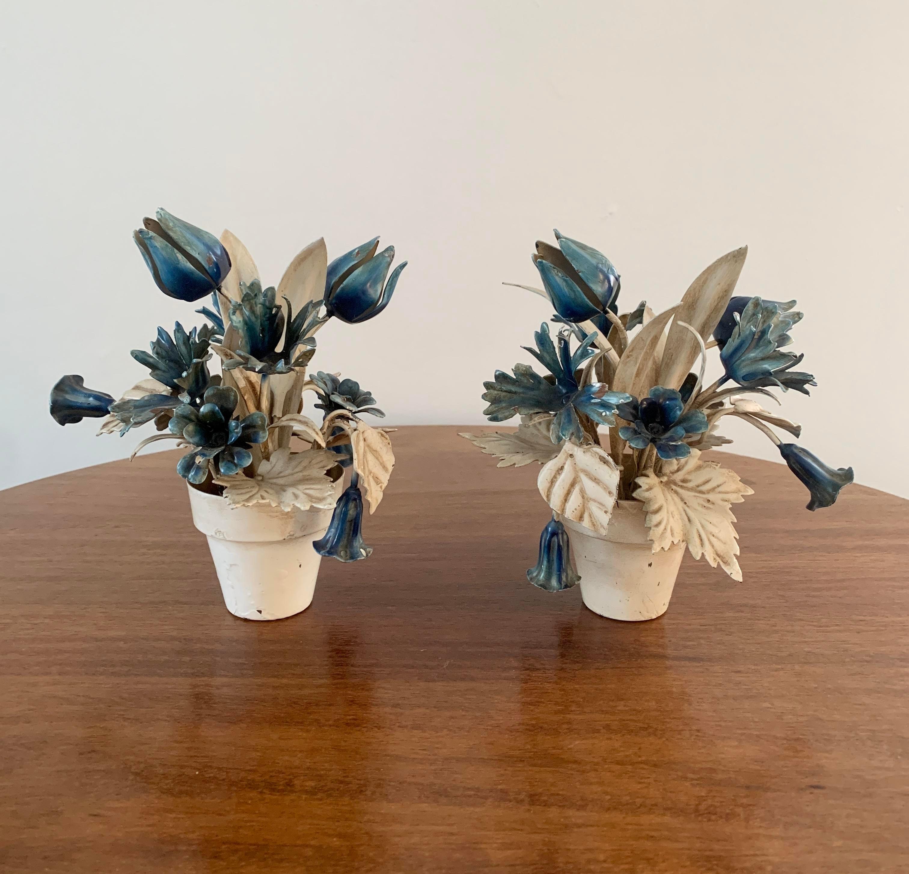 Italian Tole Blue & White Flower Pots, Pair In Good Condition In Elkhart, IN