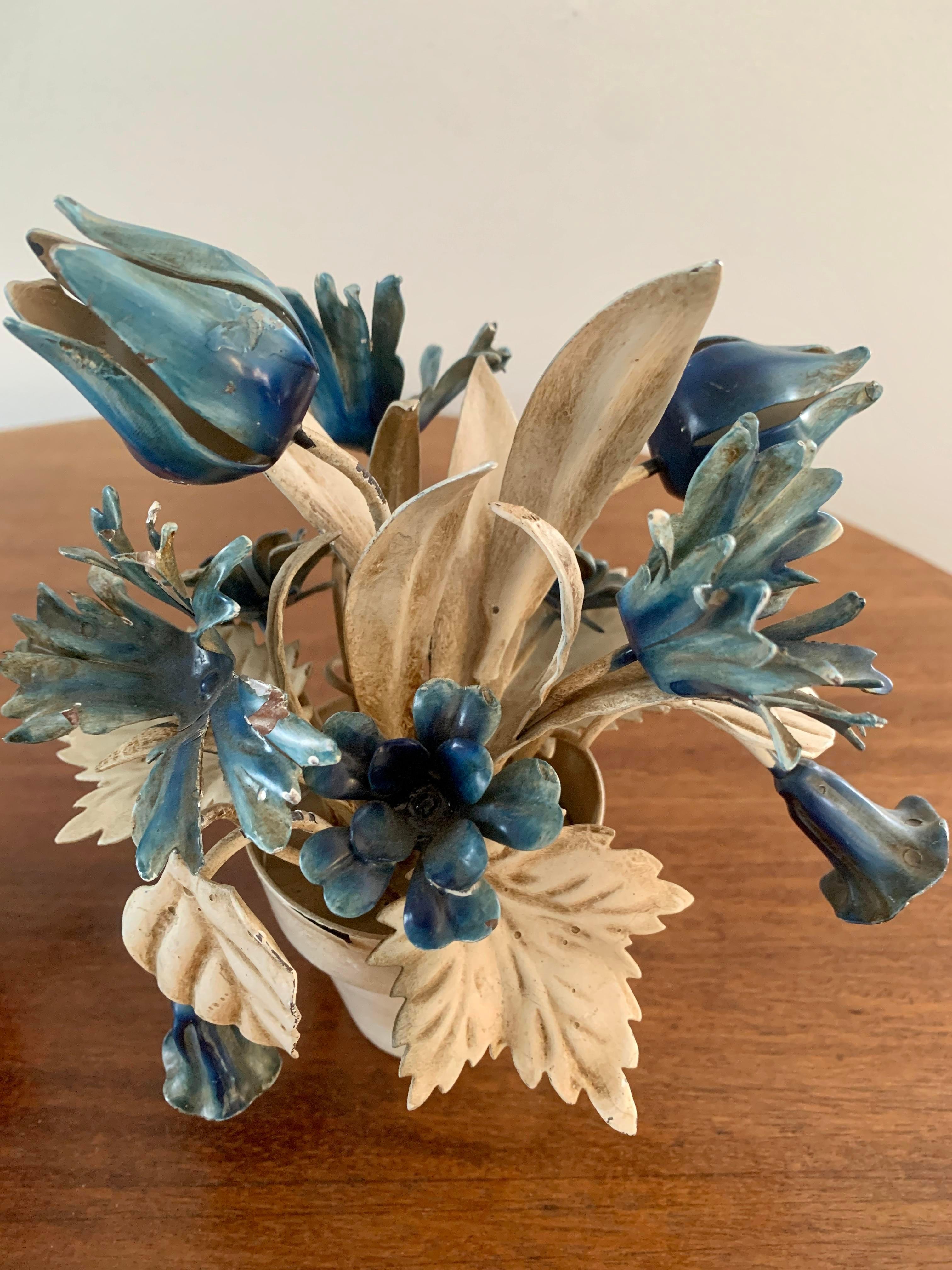 Metal Italian Tole Blue & White Flower Pots, Pair