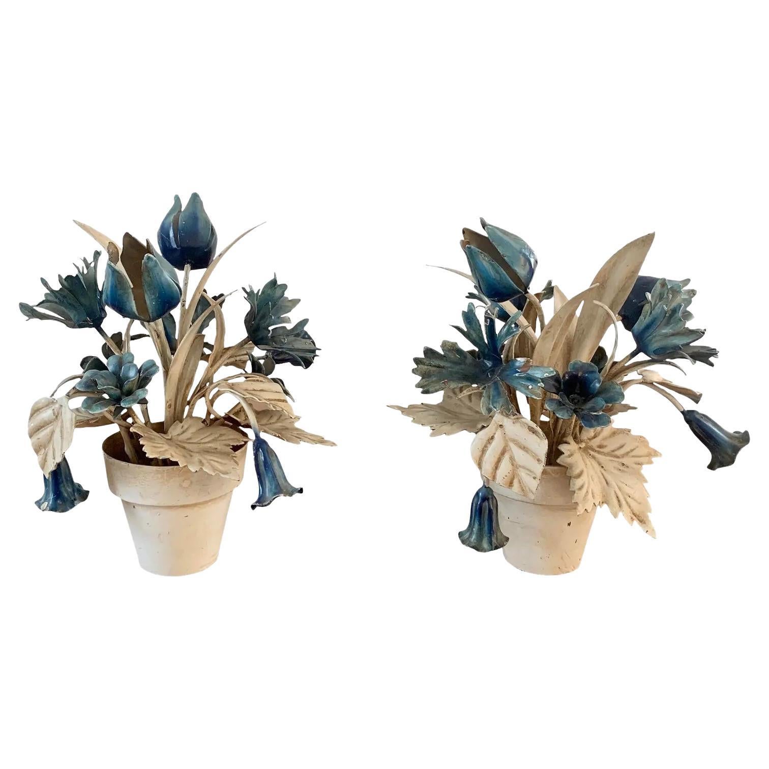 Italian Tole Blue & White Flower Pots, Pair