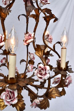 Italian Tole & Ceramic Six Arm Chandelier
