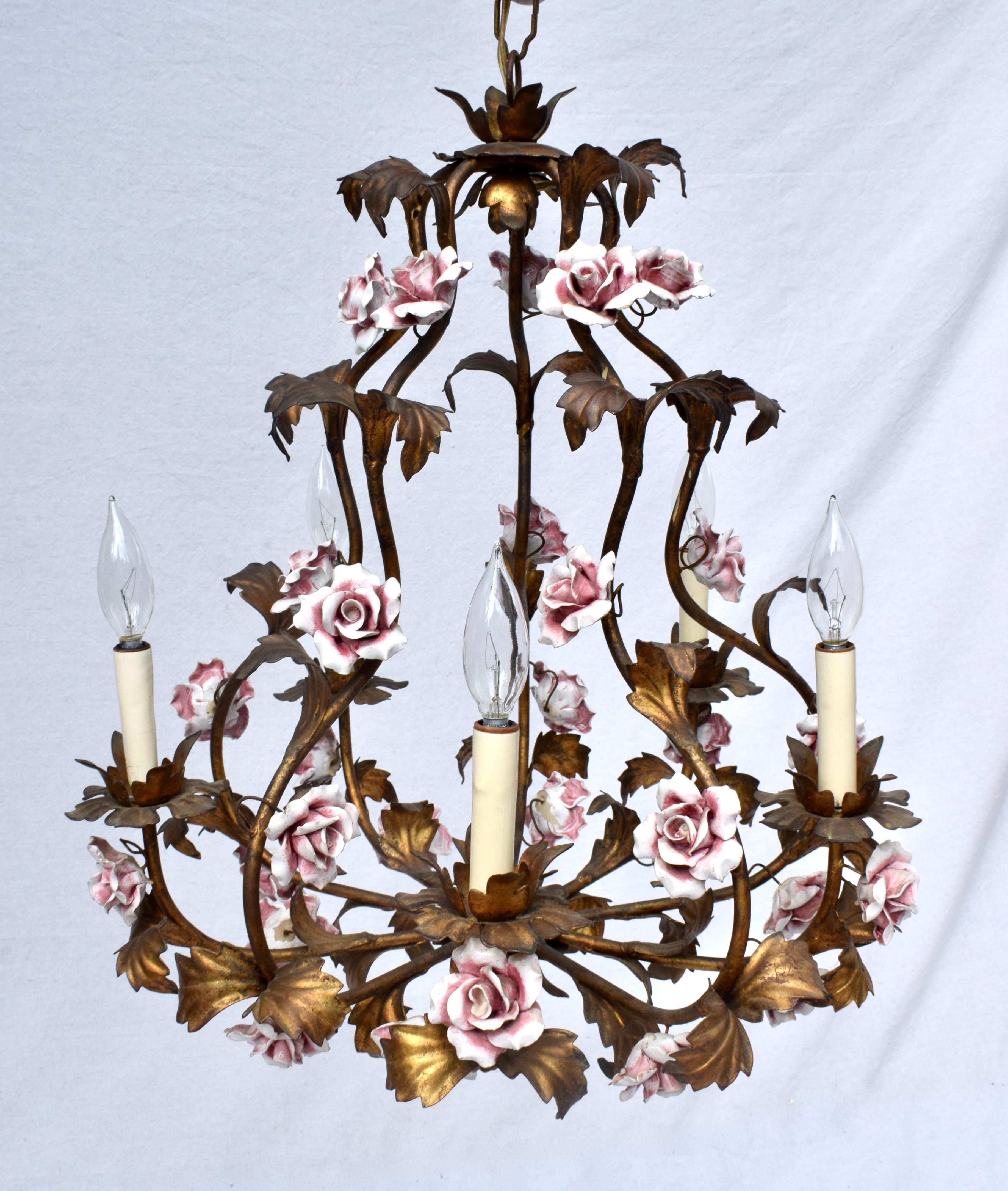 Mid-Century Modern Italian Tole & Ceramic Six Arm Chandelier For Sale