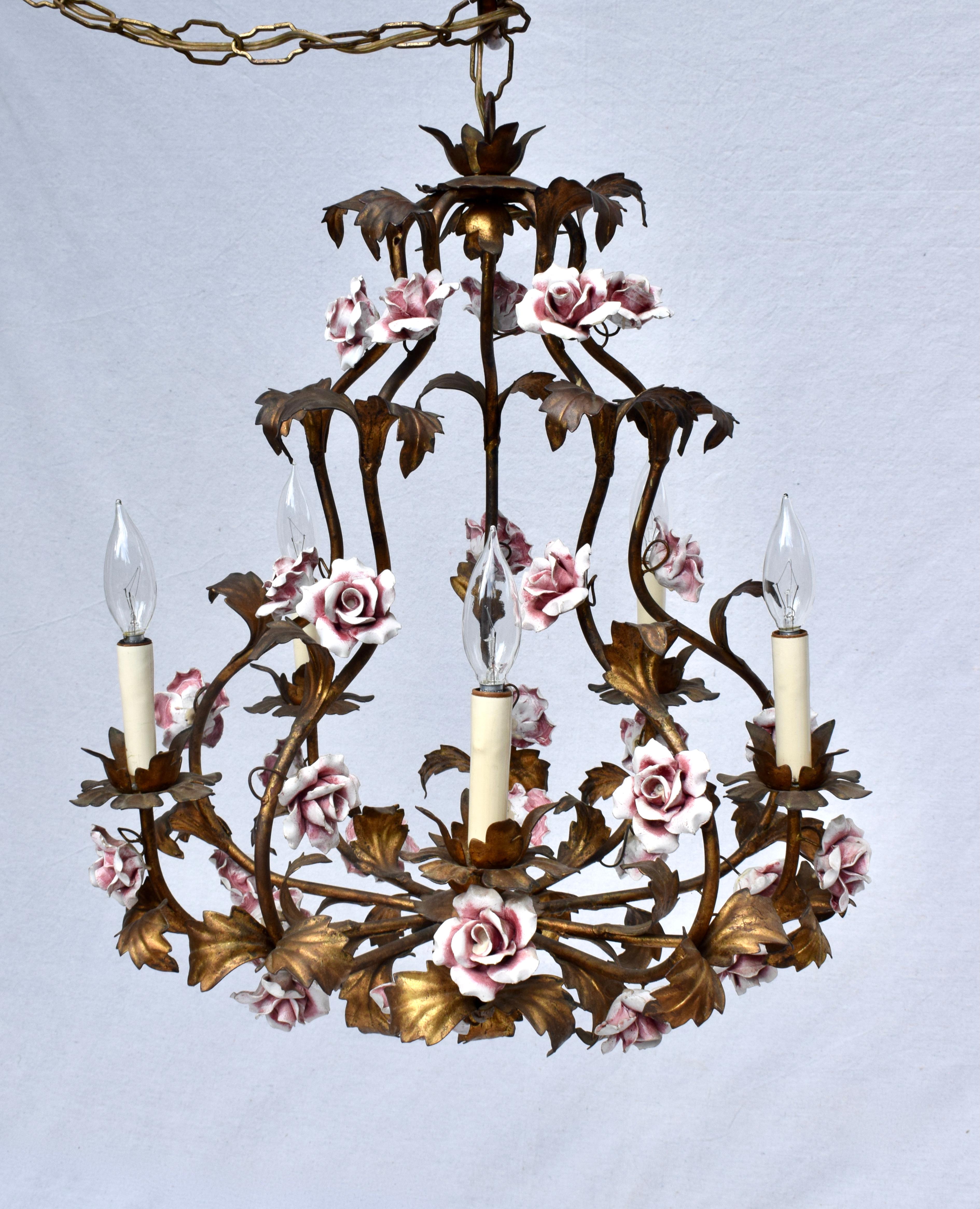 Italian Tole & Ceramic Six Arm Chandelier In Good Condition For Sale In Southampton, NJ