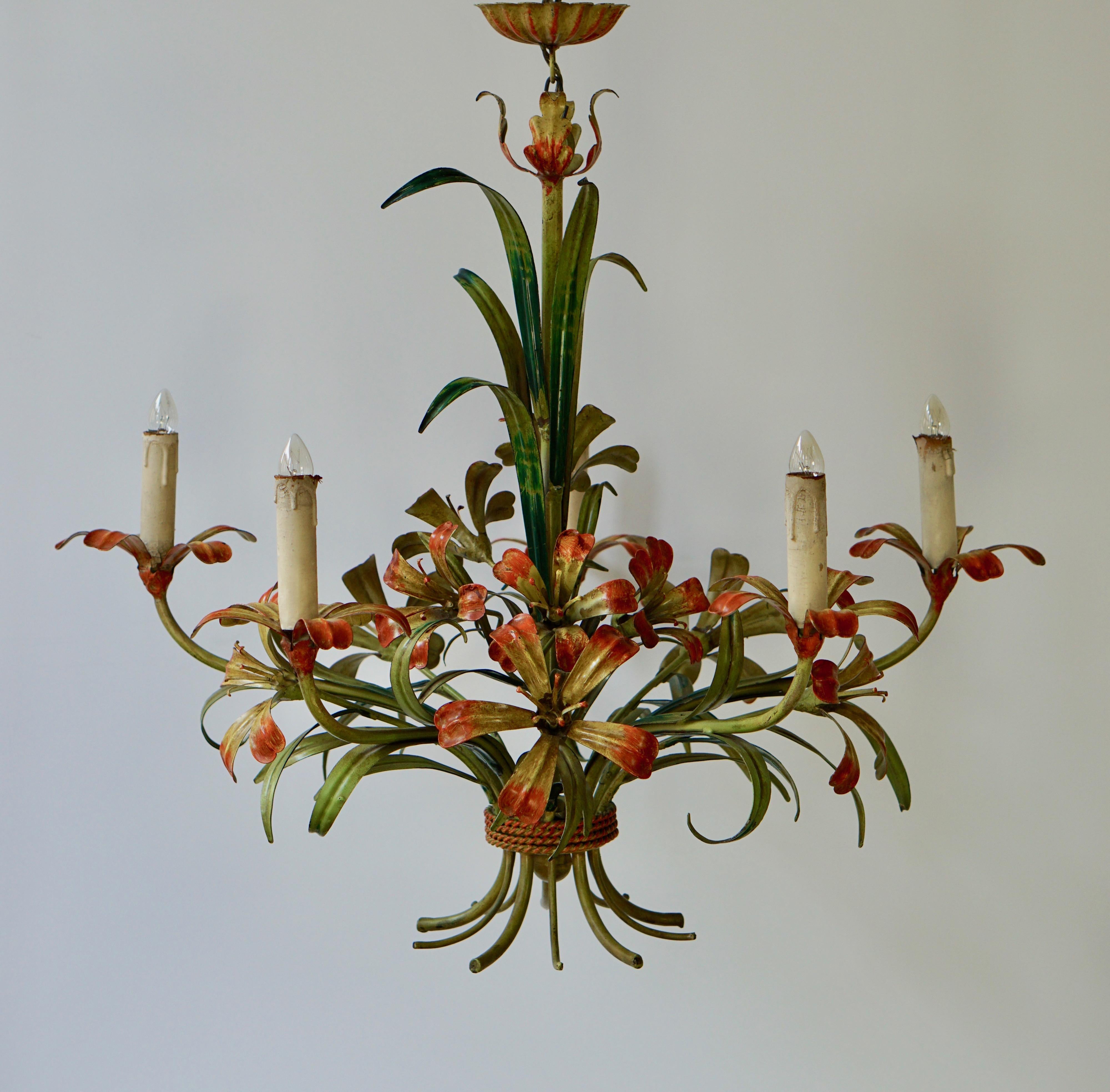 Italian Tôle Chandelier with Flowers, 1970s In Good Condition In Antwerp, BE