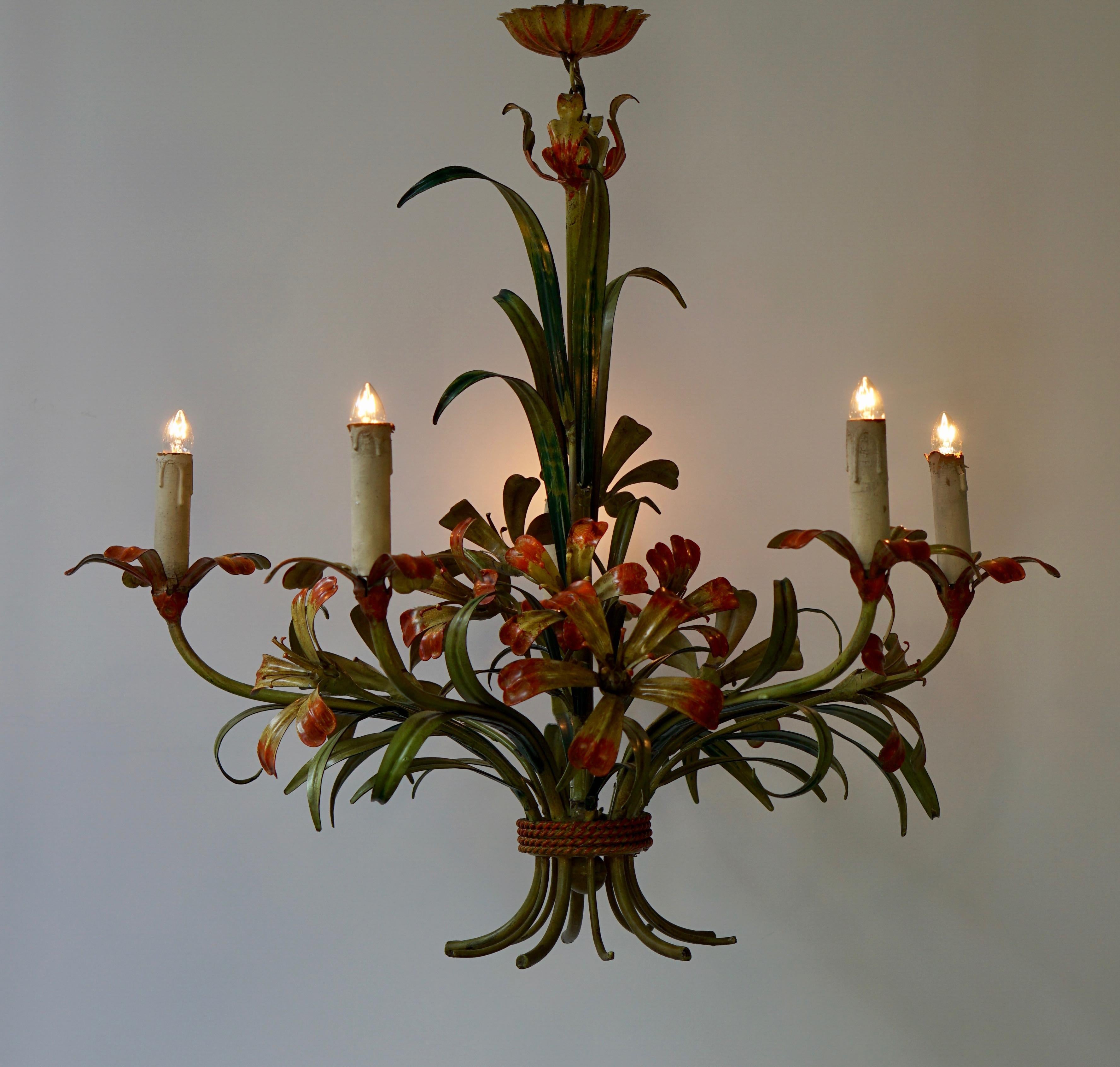 20th Century Italian Tôle Chandelier with Flowers, 1970s