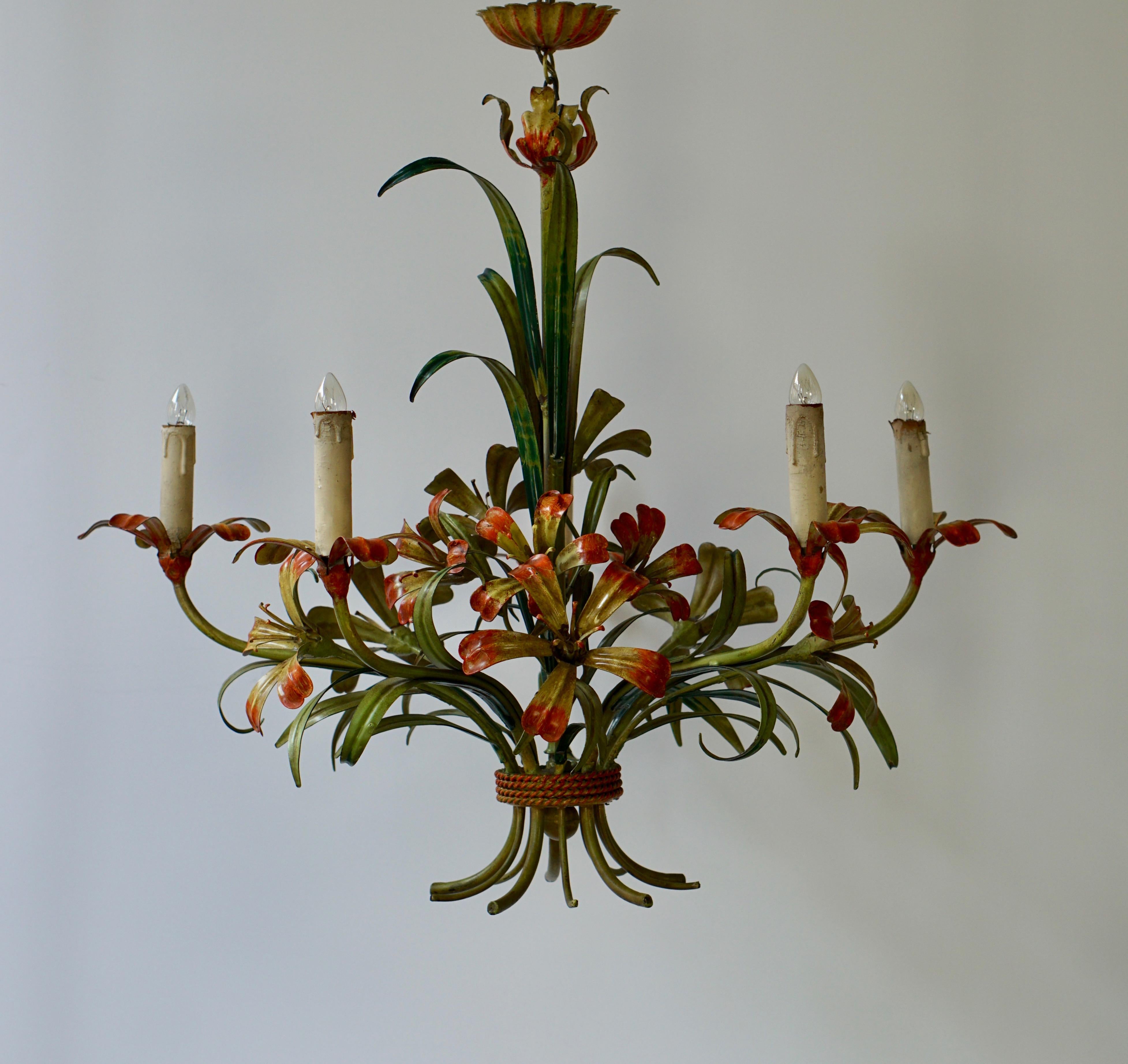 Italian Tôle Chandelier with Flowers, 1970s 1