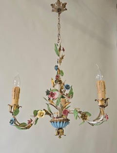 Italian Tole Chandelier with Polychrome Flowers, Mid-Century / Hollywood Regency