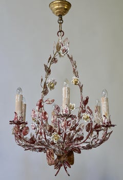 Italian Tôle Chandelier with Porcelain Flowers, 1960s