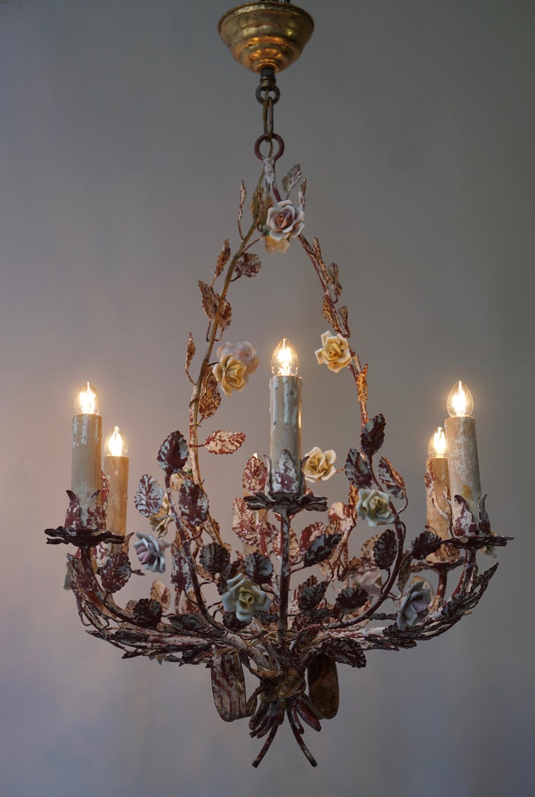 Italian Tôle Chandelier with Porcelain Flowers, 1960s For Sale at 1stDibs