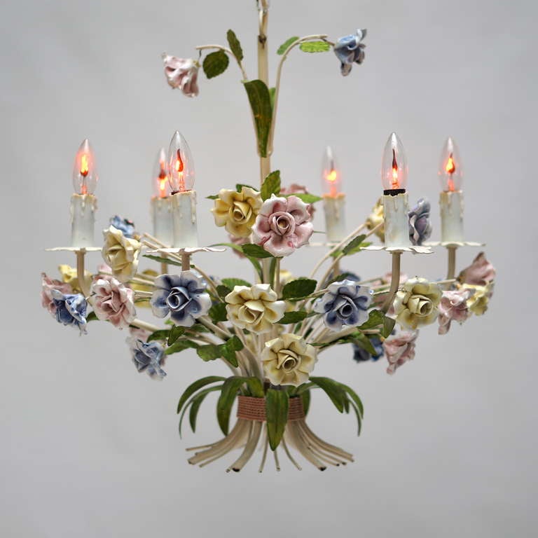 Italian Tole Chandelier with Porcelain Flowers 4