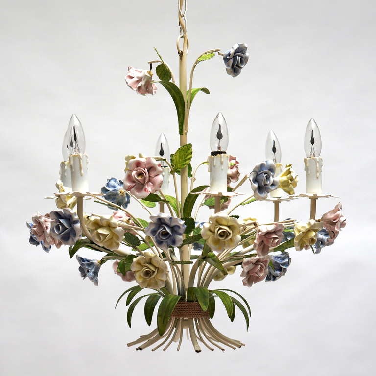 Mid-Century Modern Italian Tole Chandelier with Porcelain Flowers