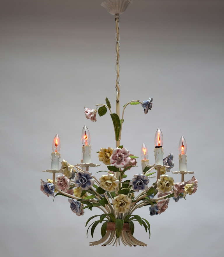 Metal Italian Tole Chandelier with Porcelain Flowers