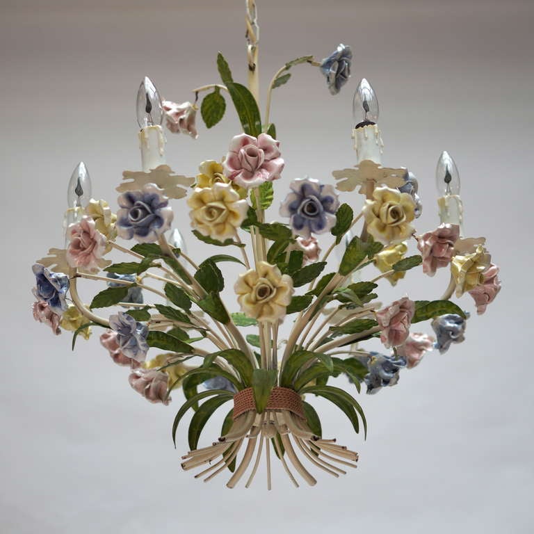 Italian Tole Chandelier with Porcelain Flowers 1